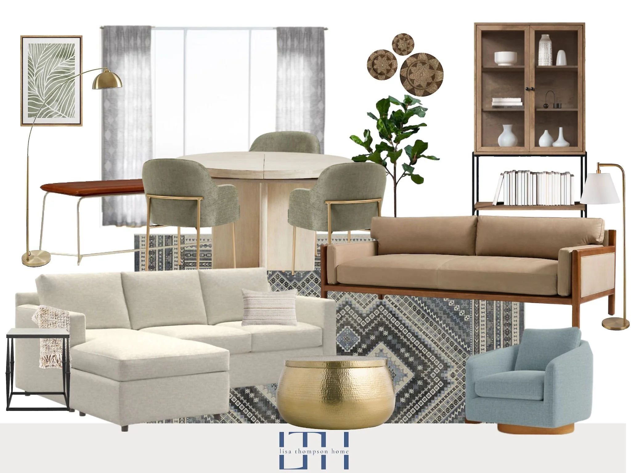 Compilation of living room furniture including a beige sectional sofa, a light blue armchair, a wooden and beige sofa, a green upholstered dining table with four green chairs, a tall wooden display cabinet, gold and white lamps, a gold decorative bow