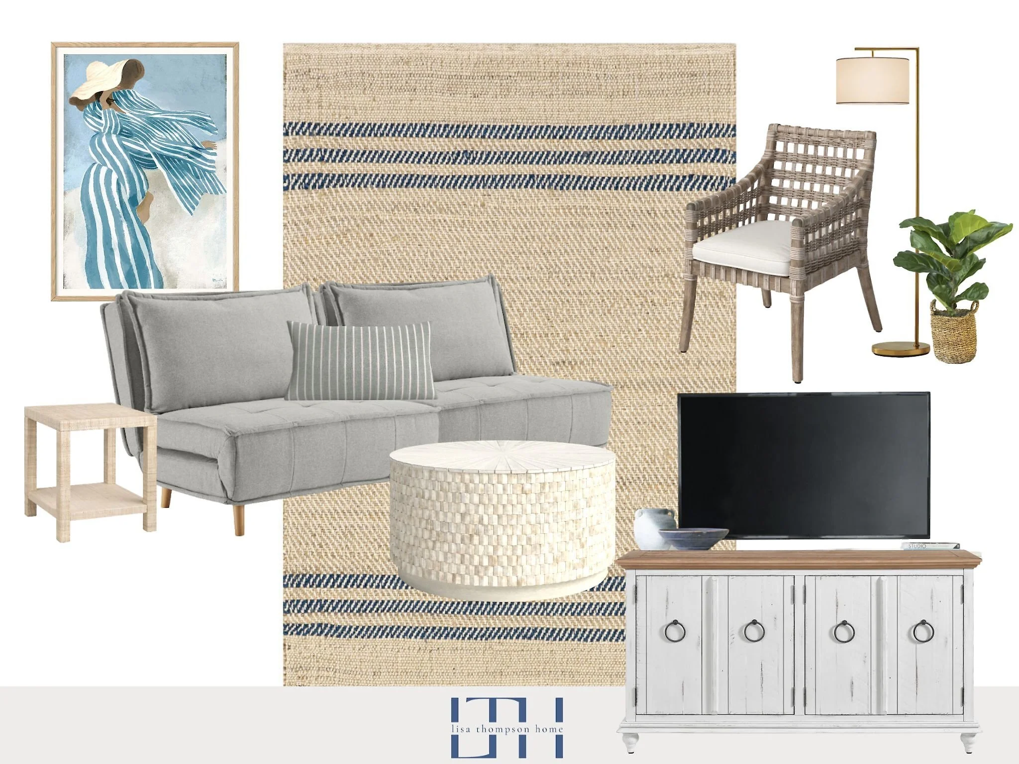 Living room with gray sofa, round white woven ottoman, TV on white wooden stand, wicker armchair, beige rug with blue stripes, framed art of woman in blue striped dress and large hat, floor lamp, potted plant, and decorative objects.