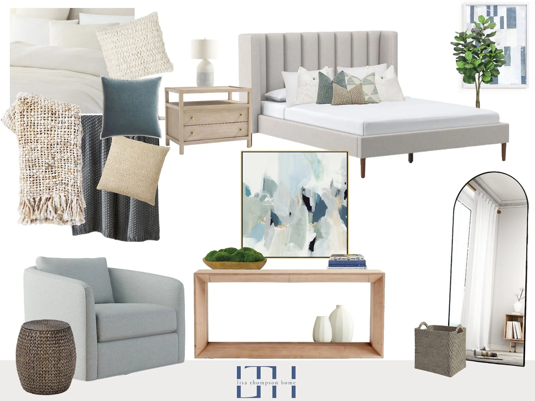 Collage of modern bedroom furniture and decor, including a white bed with pillows, light gray armchair, wooden side tables with a lamp, abstract artwork, a mirror, and various throw pillows and blankets in neutral tones.