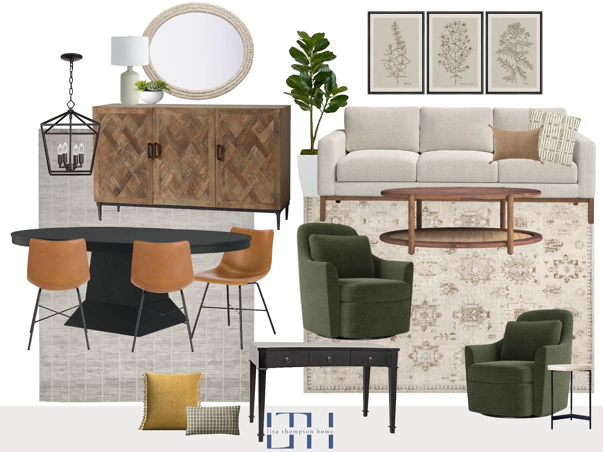 Living room interior with a white sofa, green armchairs, a black dining table with tan chairs, wooden sideboard, framed botanical prints, large mirror, potted plant, lamps, and decorative pillows on a beige rug.