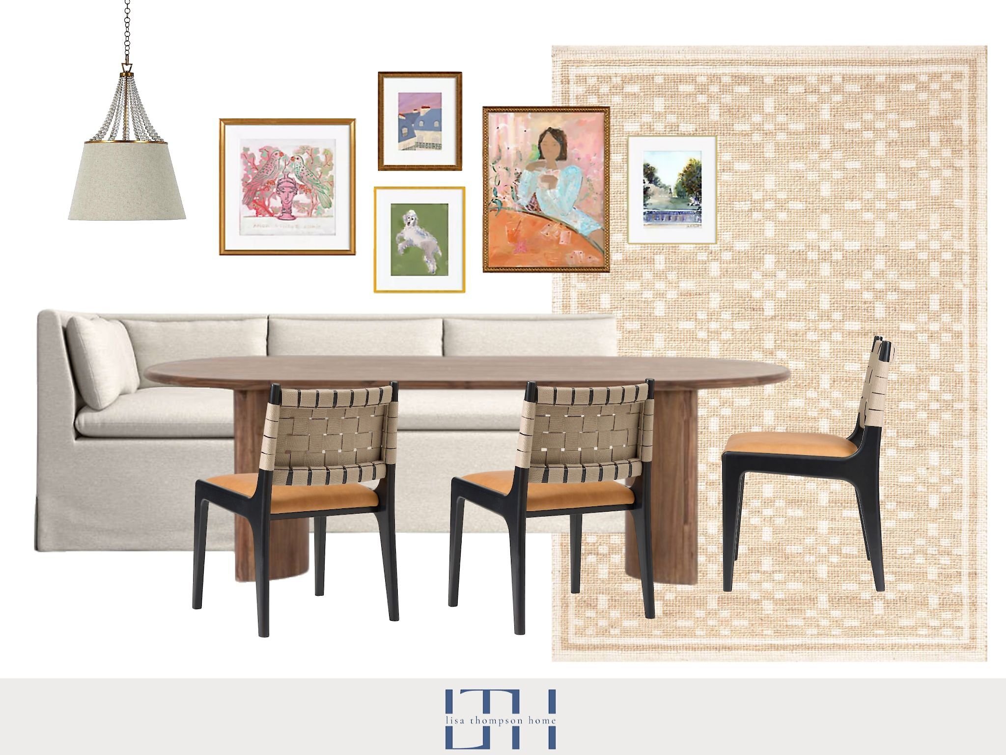 A living room interior with a beige sofa, a wooden dining table, three chairs with beige woven backrests and orange seats, a hanging lamp, multiple framed artworks on the wall, a beige patterned rug, and a white background.