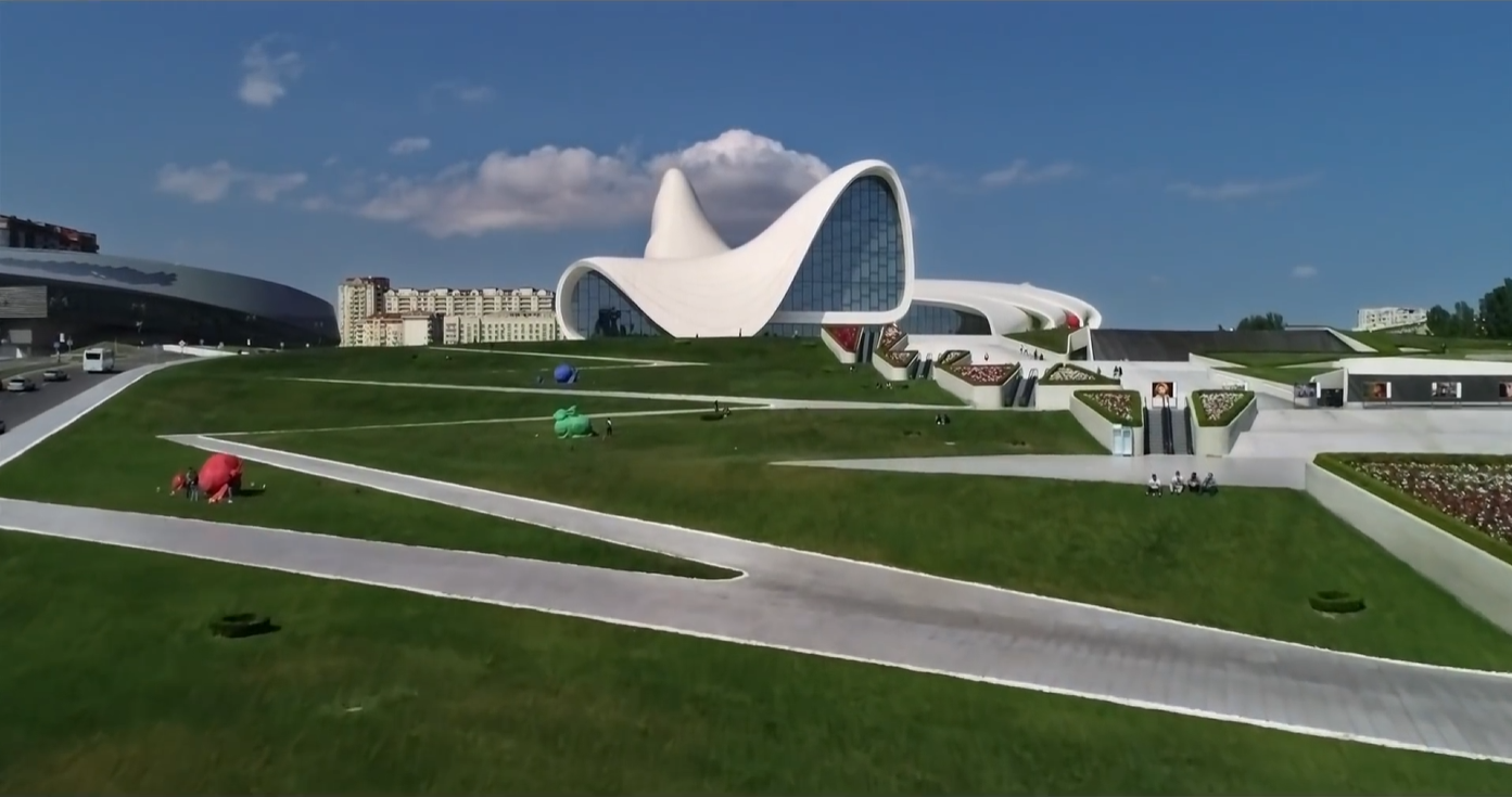 Aerial drone view of Heydar Aliyev Center designed by Zaha Hadid, Baku Azerbaijan