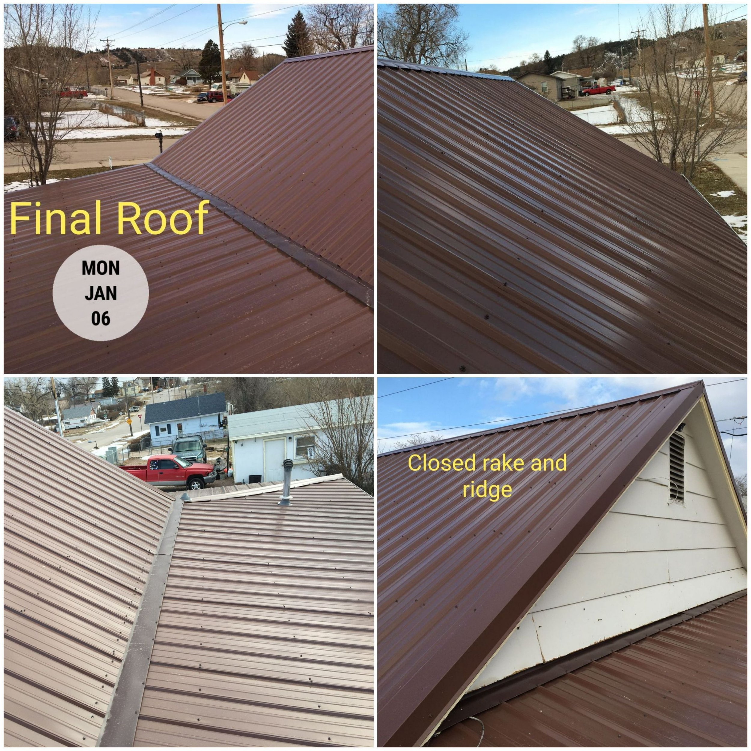 Collage of three photos showing a brown metal roof on a house with captions. Images feature roof ridges, closed rake and ridge details, alongside a street view with snow patches and trees.