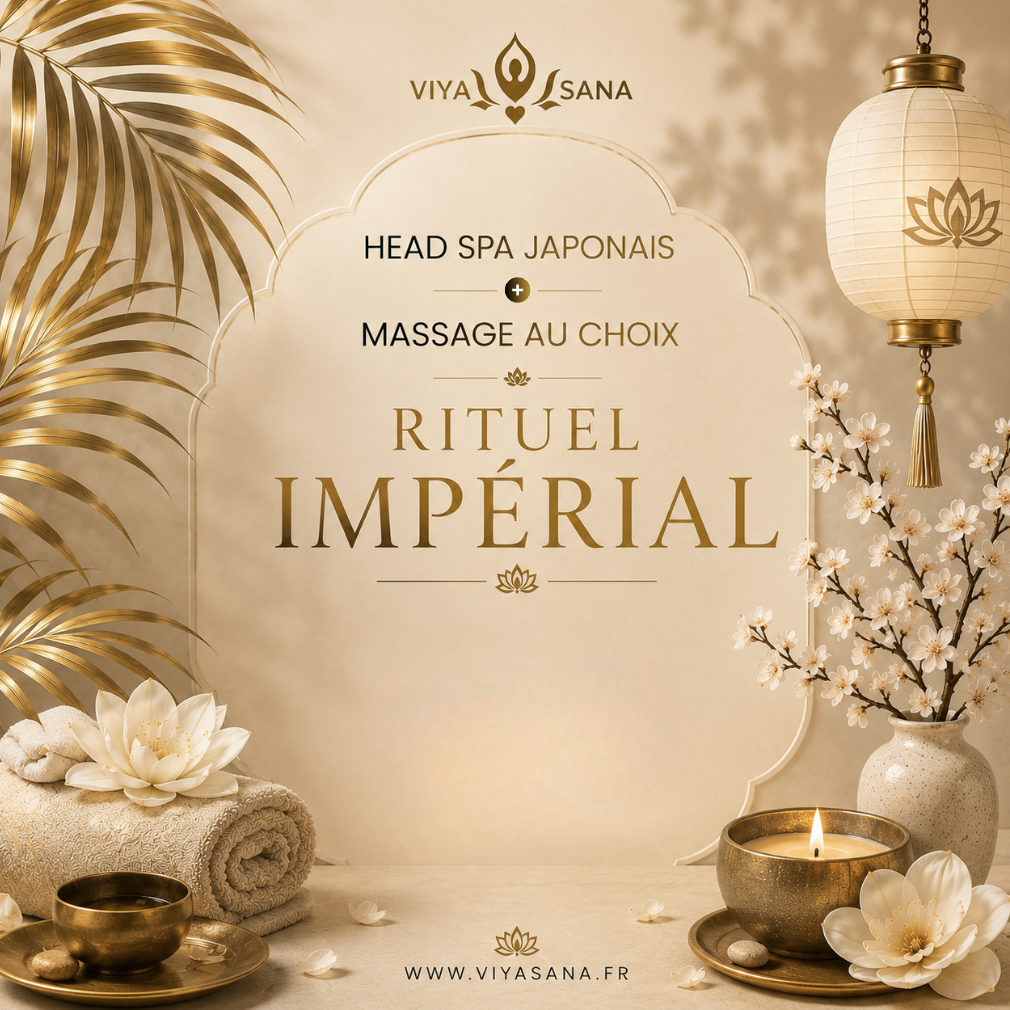 Une affiche annonçant un rituel impérial avec spa japonais et massage au choix, décorations apaisantes avec lampion, fleurs de cerisier, bougies et objets en or, ambiance relaxante.