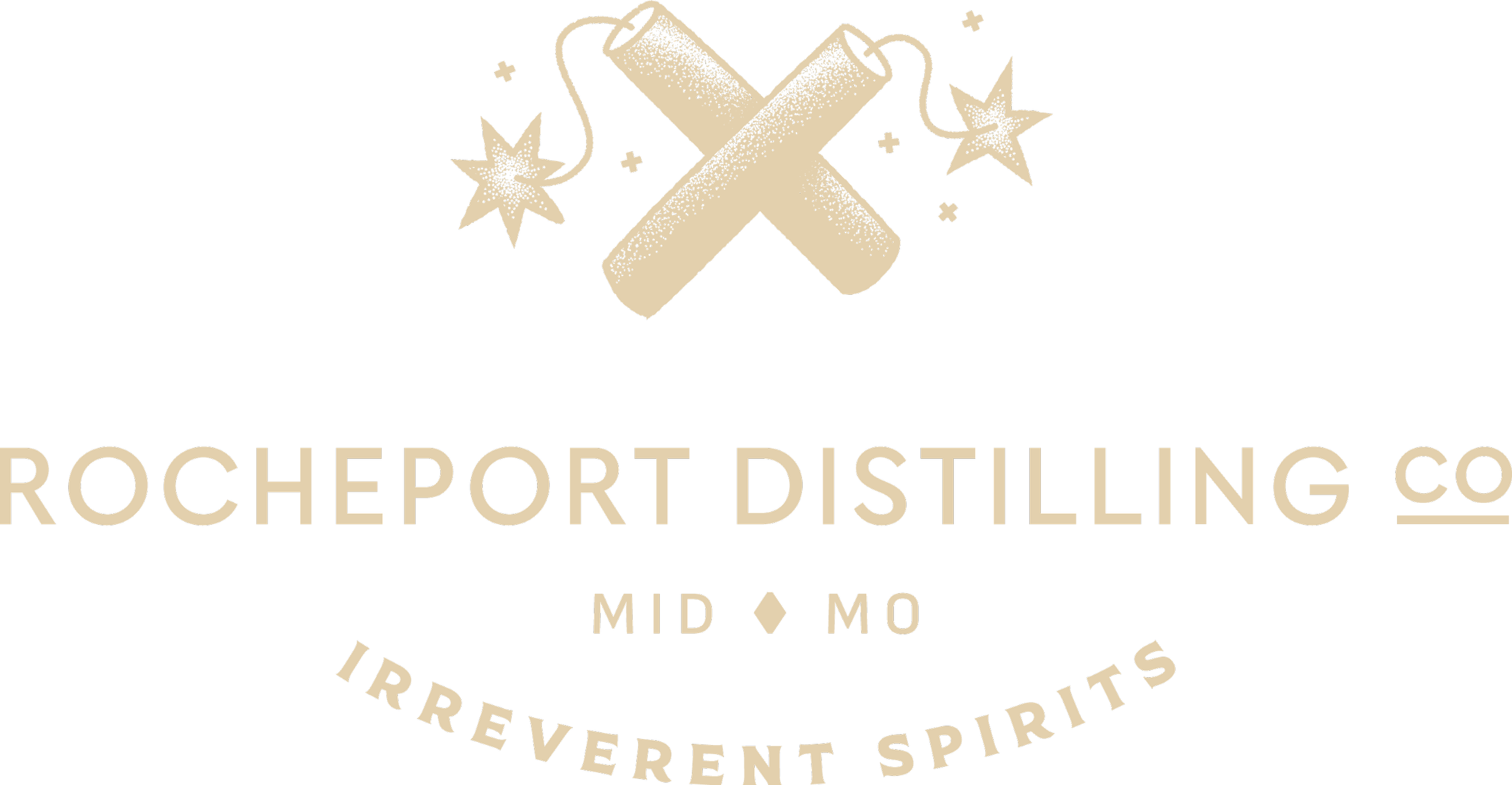 Logo for Rocheport Distilling Company with a graphic of two crossed barrels, stars, and decorative elements, and text indicating location in Mid Mo, Irreverent Spirits.