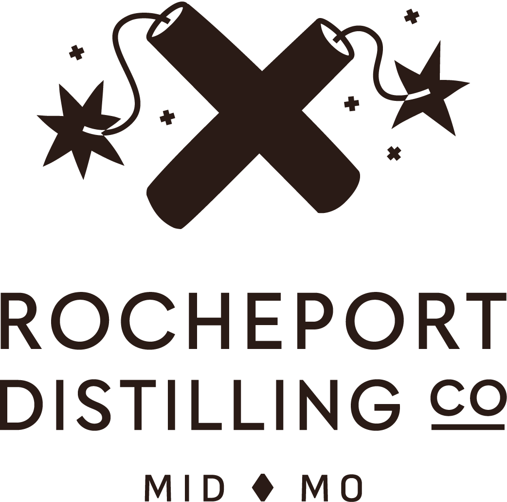 Logo for Rocheport Distilling Co. with a large 'X', stars, and decorative lines, indicating a distillery in Mid Missouri.