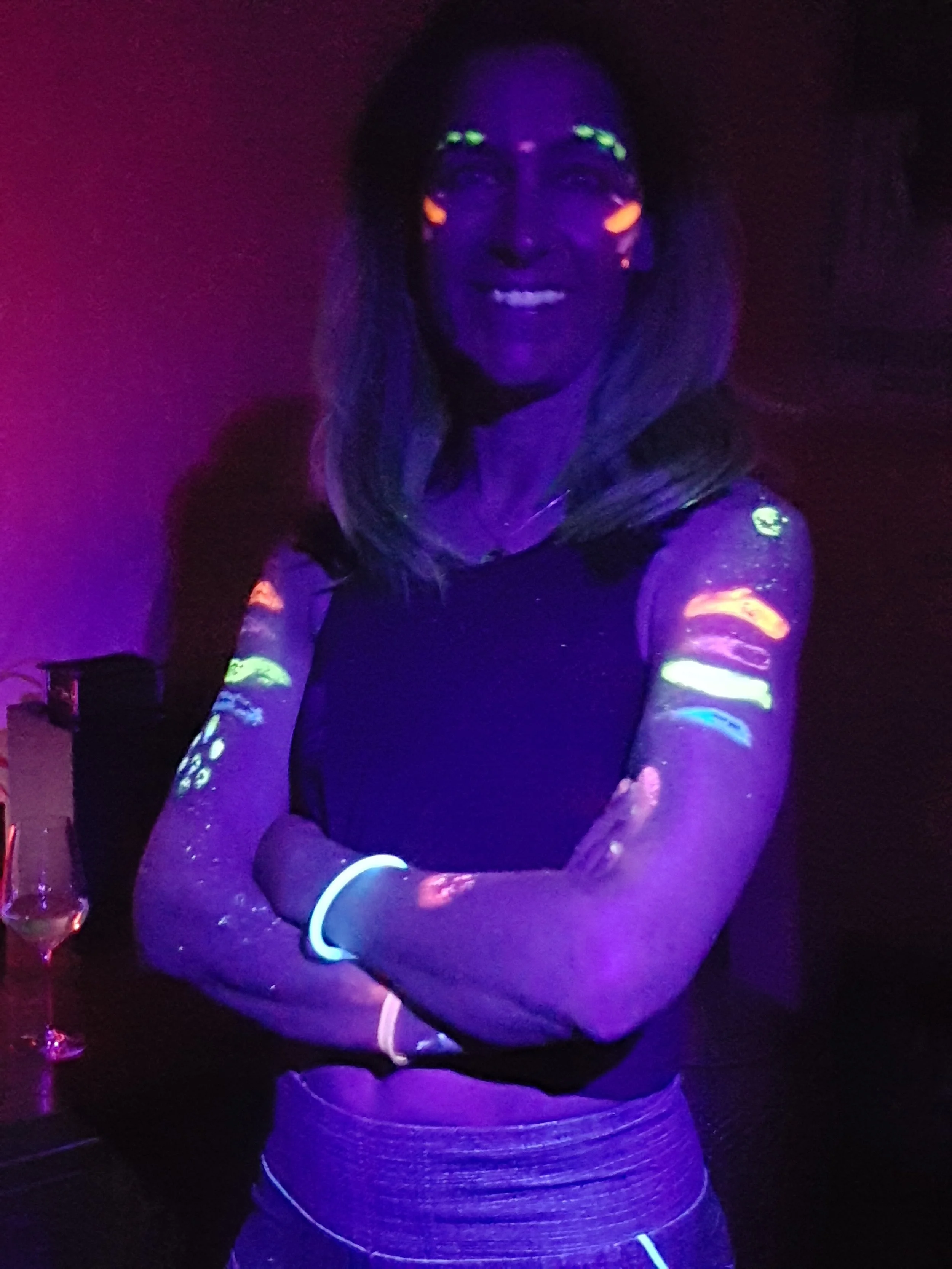 Gr-UV-y barre. Barre under the UV lights with a little fluorescent body paint and some disco music