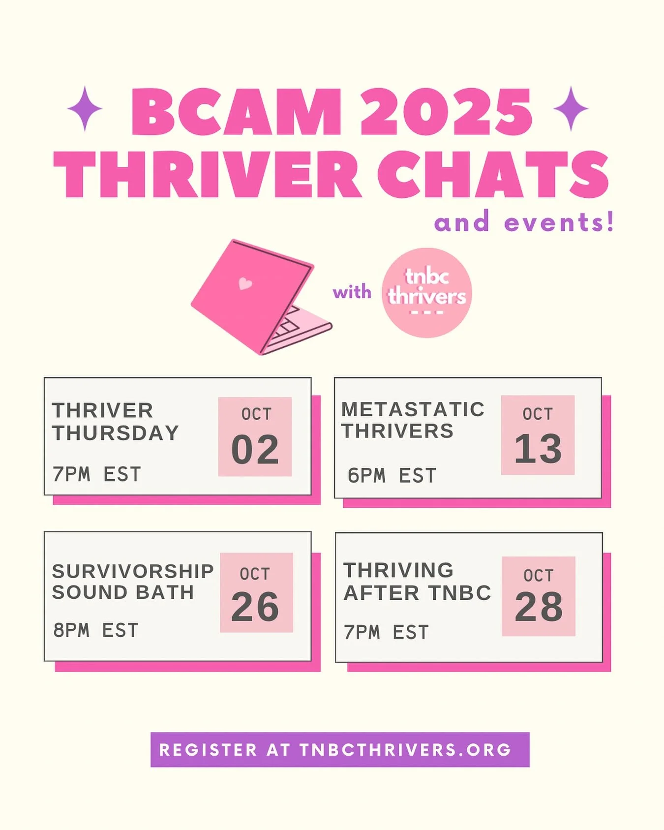 Our BCAM calendar just dropped!! 👀

And we are super excited to finally debut our rebranded thriver chat calendar including a brand new SURVIVORSHIP chat, Thriving After TNBC, at the last Tuesday of the month! 👩&zwj;💻

We also have @heal_with_ash 