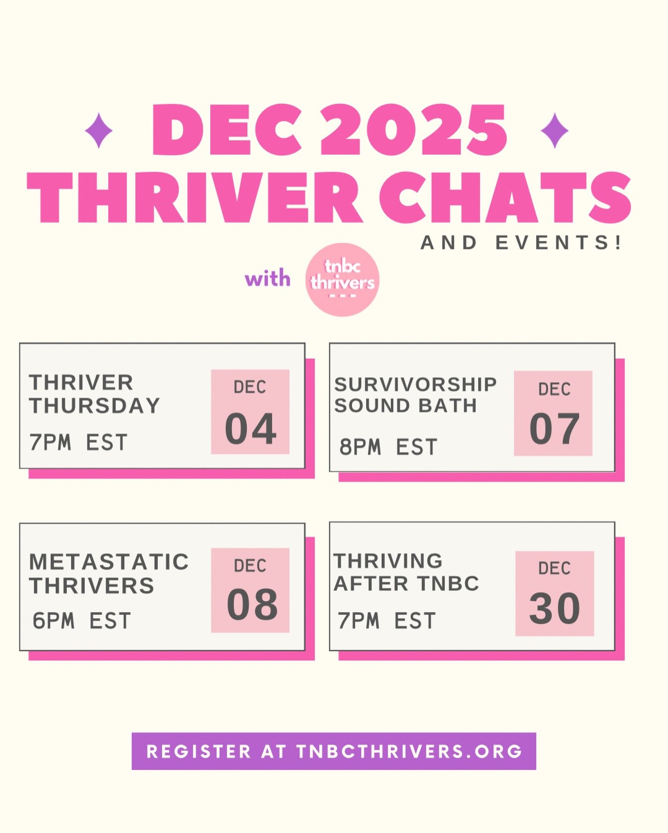 Come end the year with us, thriver!

Whether you&rsquo;re looking for safe space as a new diagnosed thriver, a thriver in active treatment or navigating your survivorship era, we have something for you!

Did you see our survivorship sound bath is bac