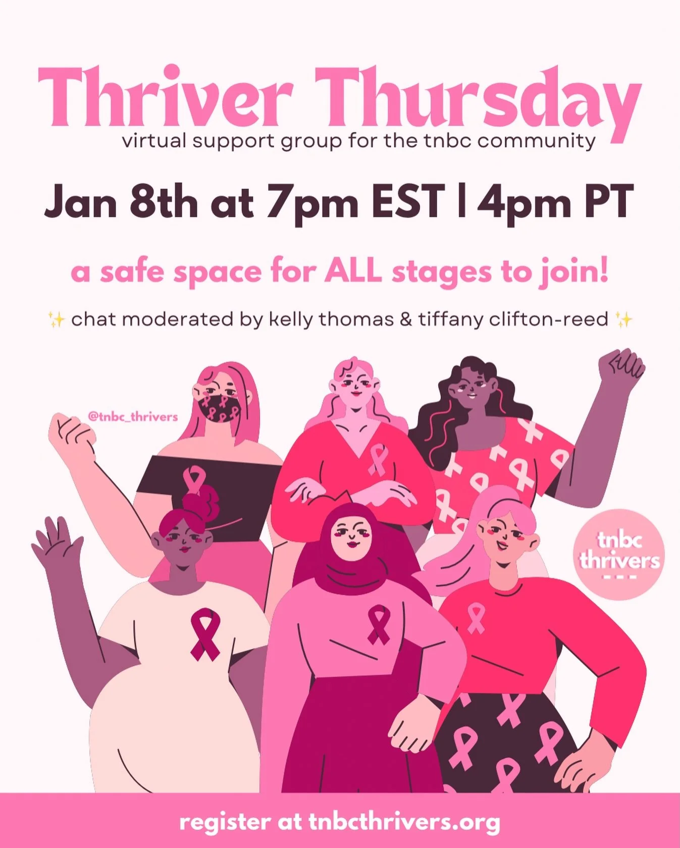Join us for our FIRST thriver chat of 2026!

Looking for a TNBC support group that feels supportive, safe and a positive space? Look no further than our monthly Thriver Thursday Chat! 👩&zwj;💻

Thriver Thursday is our monthly meetup for ALL thrivers