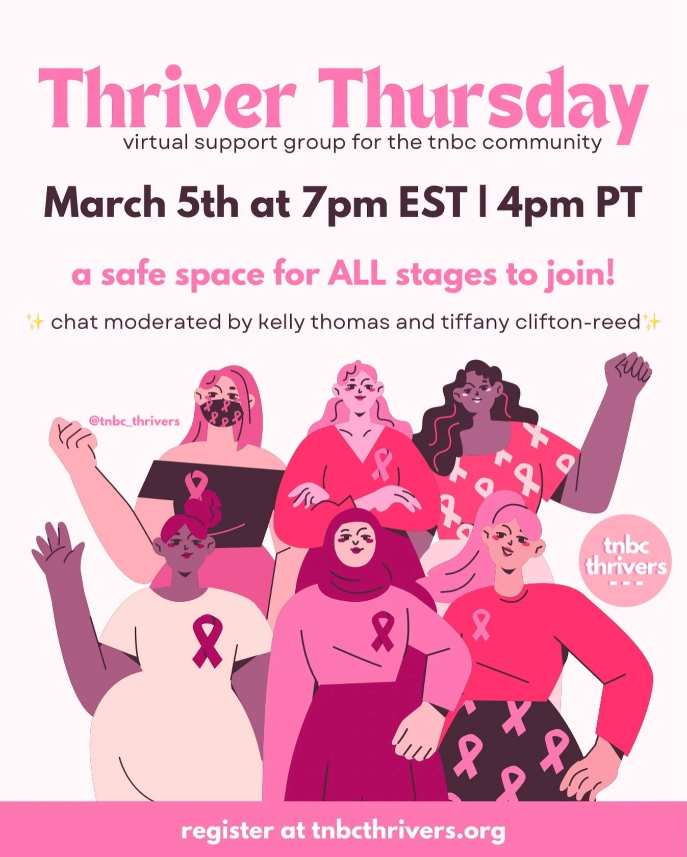 TNBC month is here so let&rsquo;s chat! 👩&zwj;💻

Thriver Thursday is a chat for everyone no matter what stage of thrivership you&rsquo;re in!

Come for the good vibes, the laughs and the support 🫶

Hosted and moderated by @iamkellythomas &amp; @il