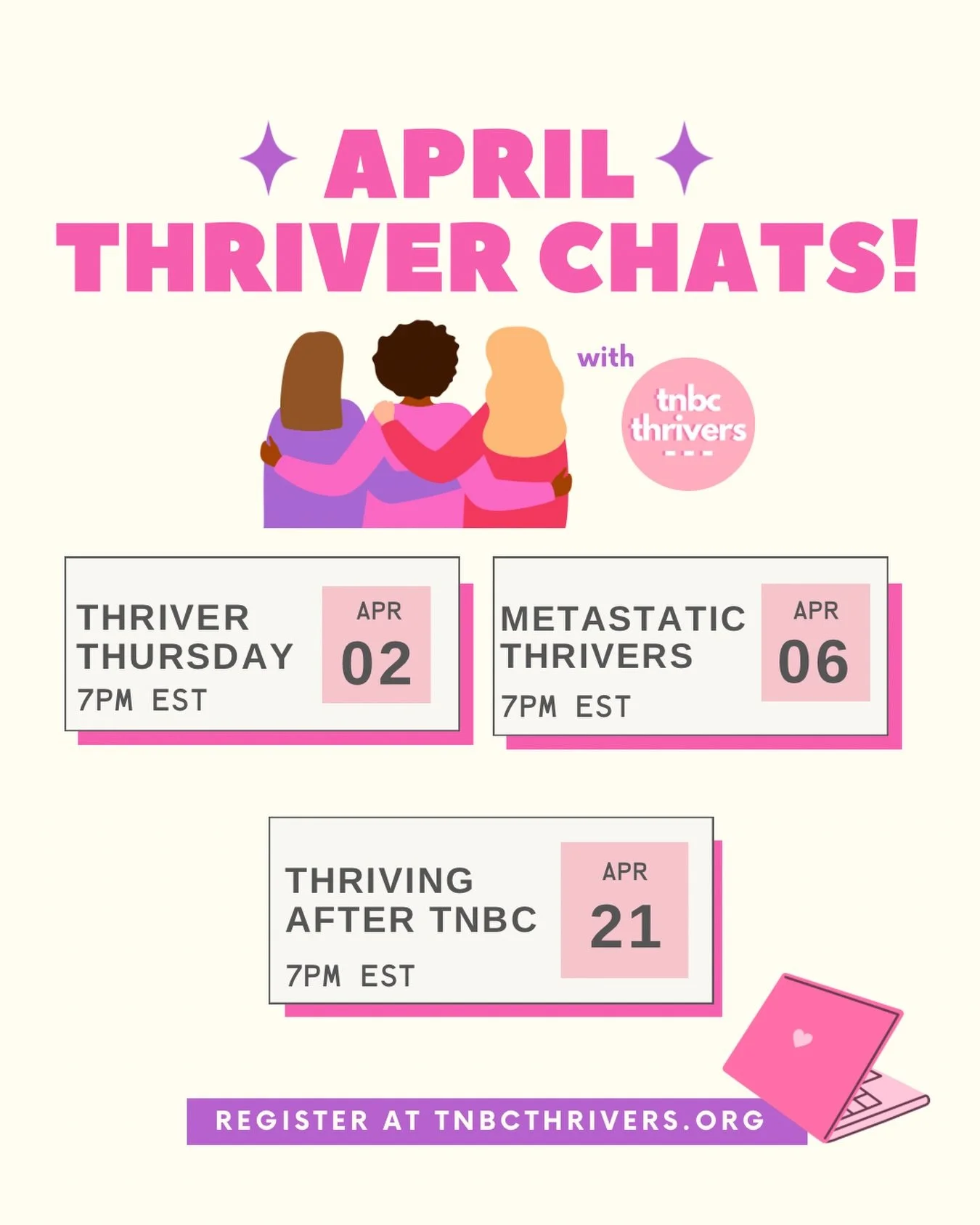 we don&rsquo;t april fools when it comes time to thriver chat!

join us ALL april long because we have a safe space for everyone! 🙌🙌🙌

register to join us at tnbcthrivers.org! and we can&rsquo;t wait to chat with you sooooooon! 👩&zwj;💻✨
_______
