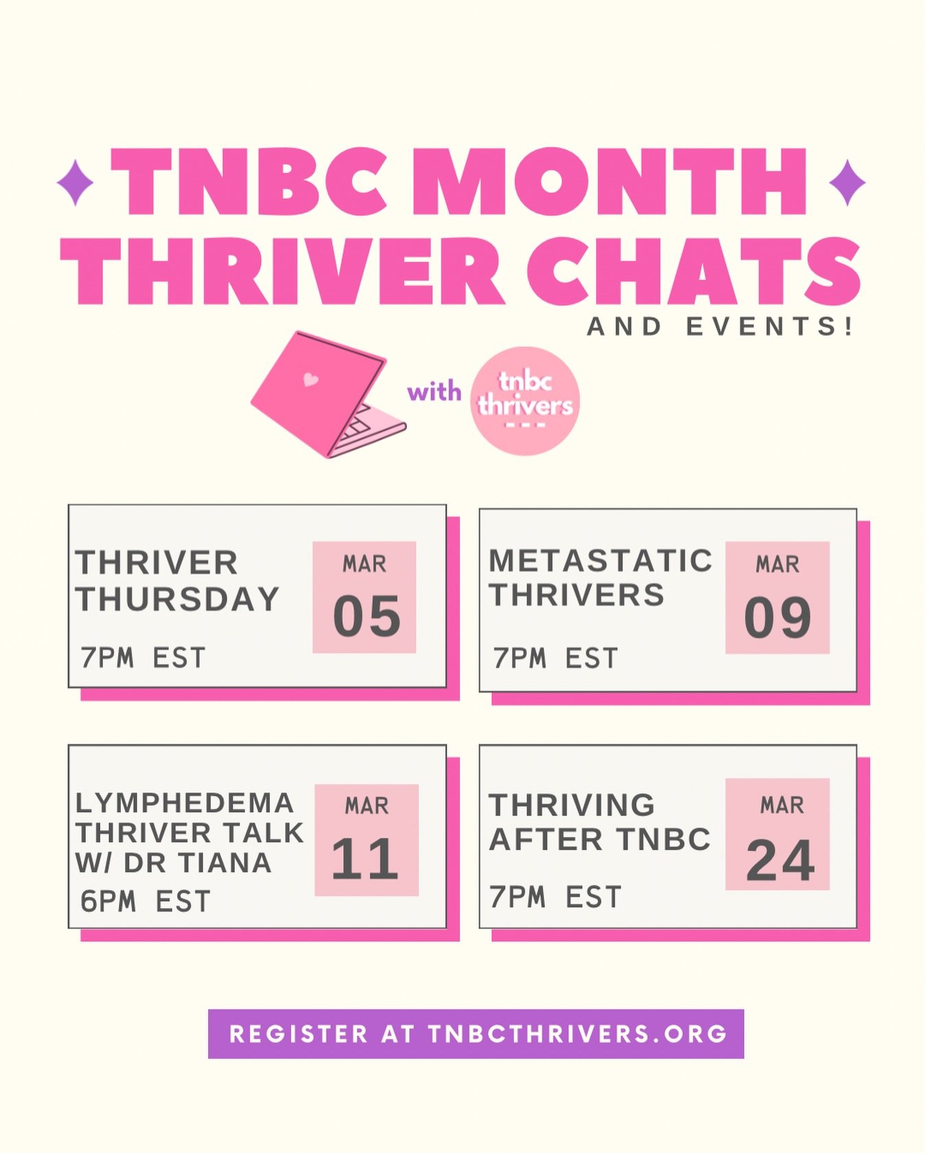 March AKA TNBC Month is coming in hot! 🔥

Did you know that March is triple negative breast cancer month along with lymphedema awareness month?

This March we have you covered from our thriver chats to a  very special lymphedema chat with Dr Tiana o