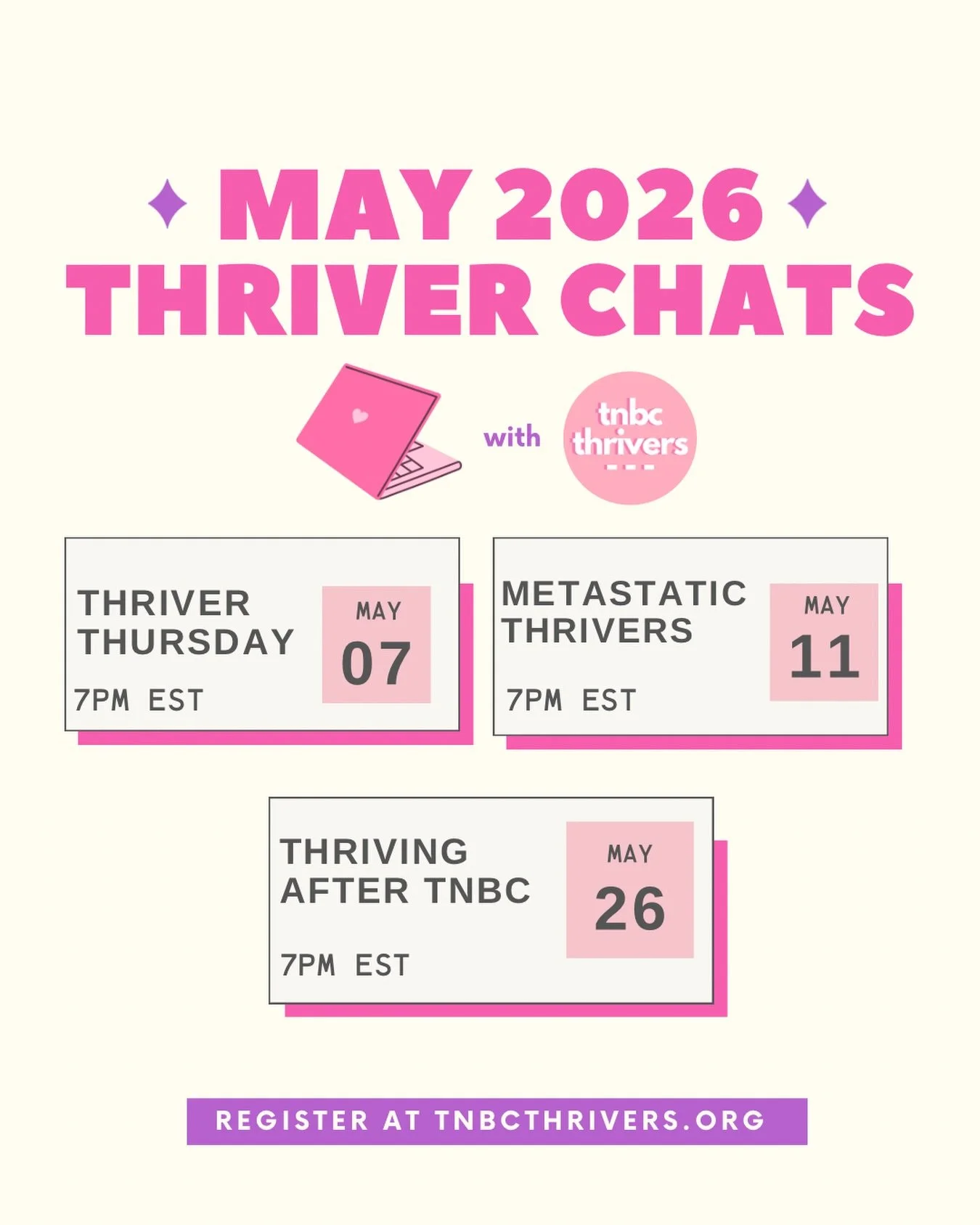 Join us this month for thriver yap chat!

With something for everyone no matter where you are in your TNBC thrivership!

Register to join us at tnbcthrivers.org! And we can&rsquo;t wait to chat with you sooooooon! 👩&zwj;💻✨
_______
#tnbcthrivers #ca