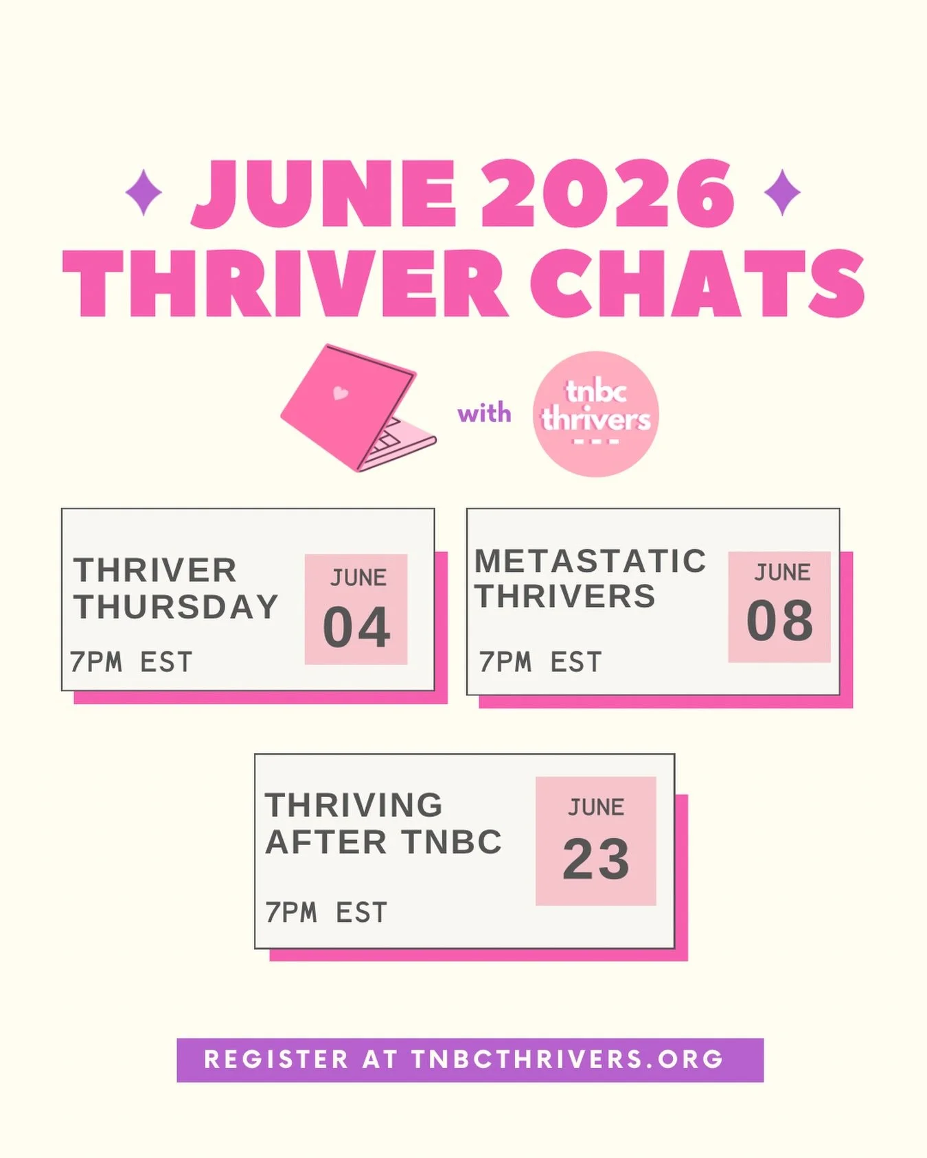 June thriver chats are here! 🙌

With something for everyone no matter where you are in your TNBC thrivership!

Register to join us at tnbcthrivers.org! And we can&rsquo;t wait to chat with you all month long! 👩&zwj;💻✨
_______
#tnbcthrivers #cancer