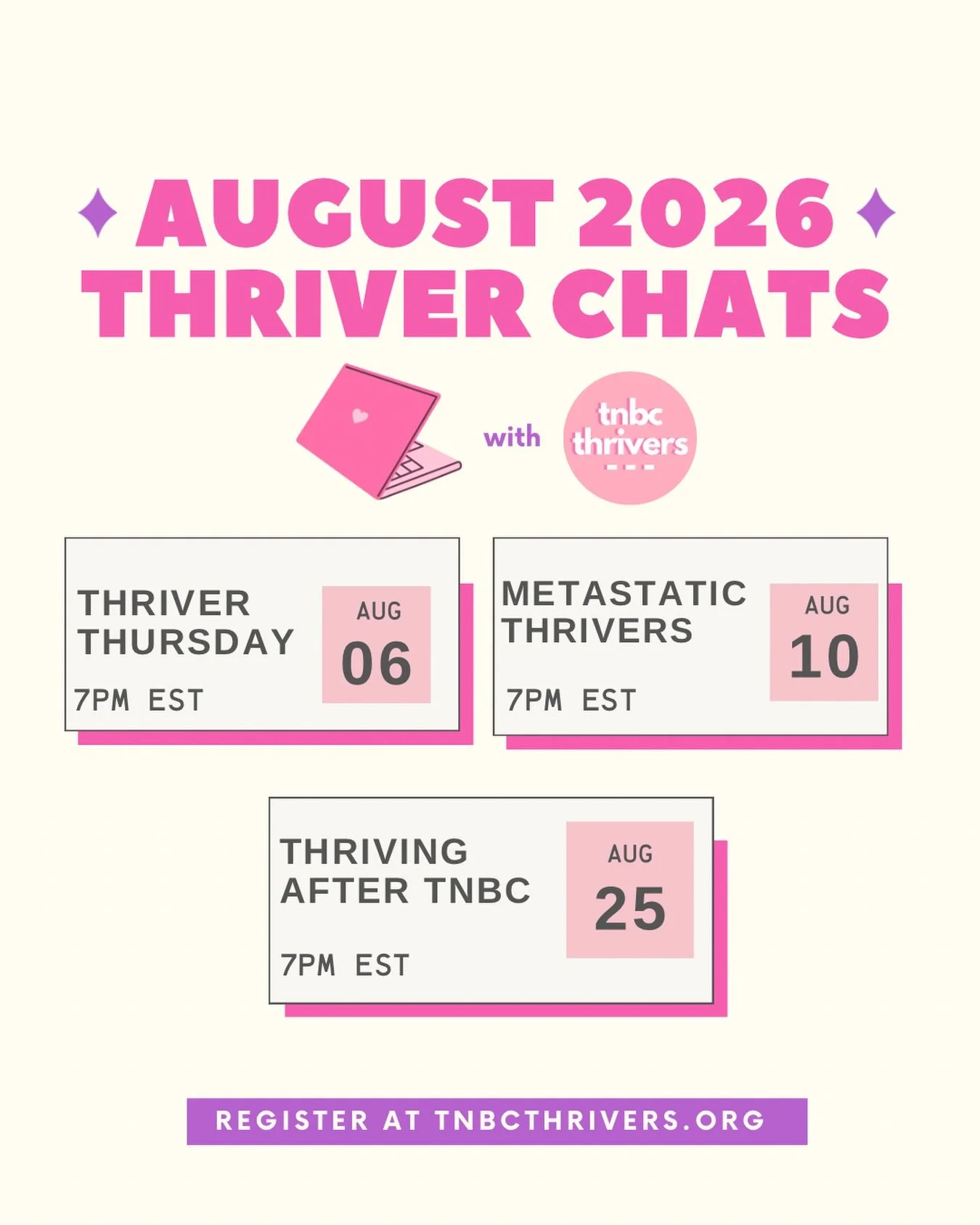 August thriver chats are here! 🙌

With something for everyone no matter where you are in your TNBC thrivership!

Register to join us at tnbcthrivers.org! And we can&rsquo;t wait to chat with you all month long! 👩&zwj;💻✨
_______
#tnbcthrivers #canc