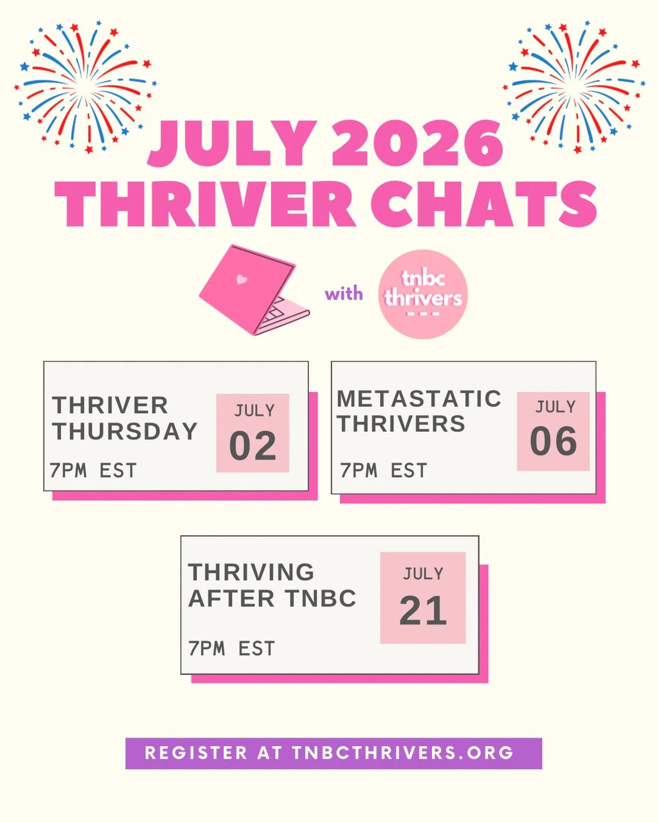 Hello July Thriver Chats! 🙌

Are you a thriver that loves to yap with other thrivers? Or maybe you just want to sit and listen to others that have been there? Then our TNBC Thrivers thriver meetups are for you!

With something for everyone no matter