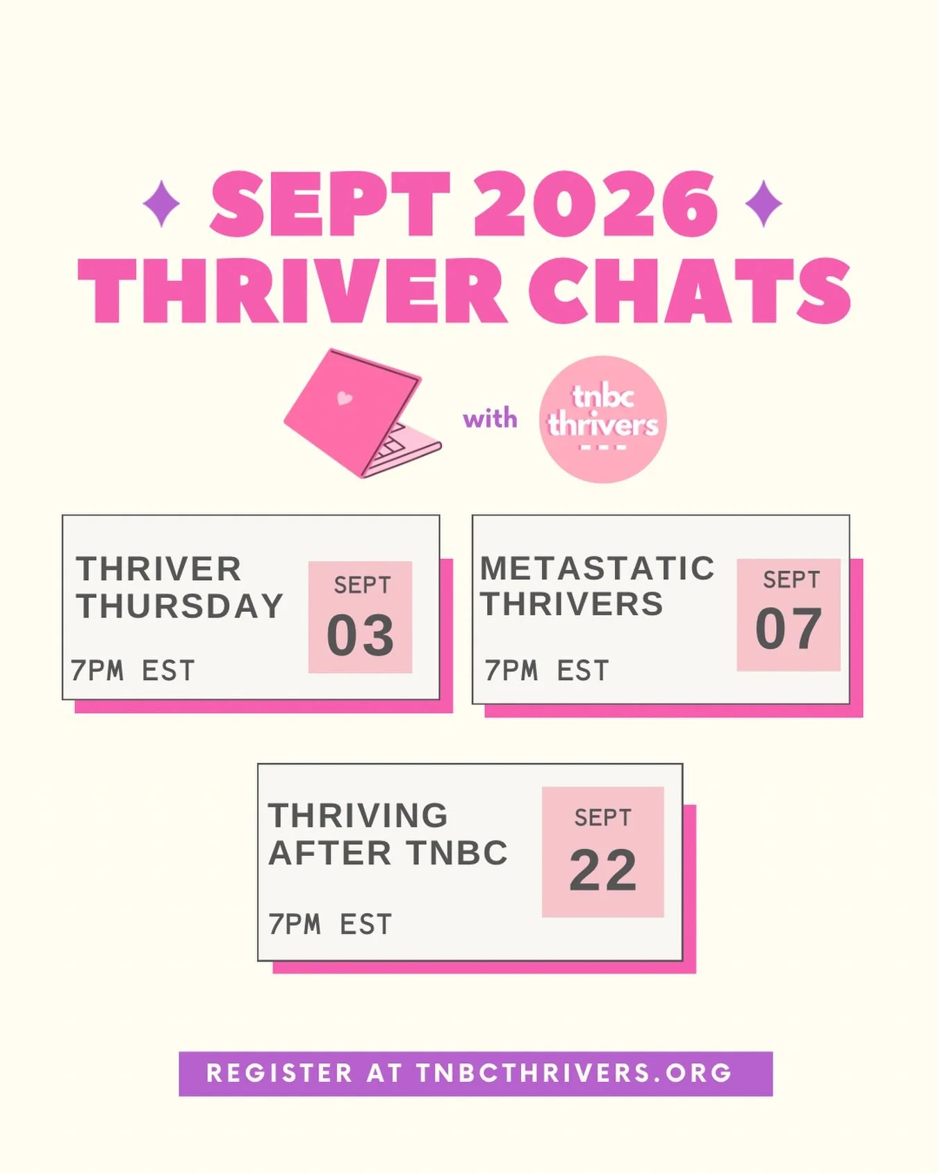 Helloooo September Thriver Chats 🙌

With something for everyone no matter where you are in your TNBC thrivership!

Register to join us at tnbcthrivers.org! And we can&rsquo;t wait to chat with you all month long! 👩&zwj;💻✨
_______
#tnbcthrivers #ca
