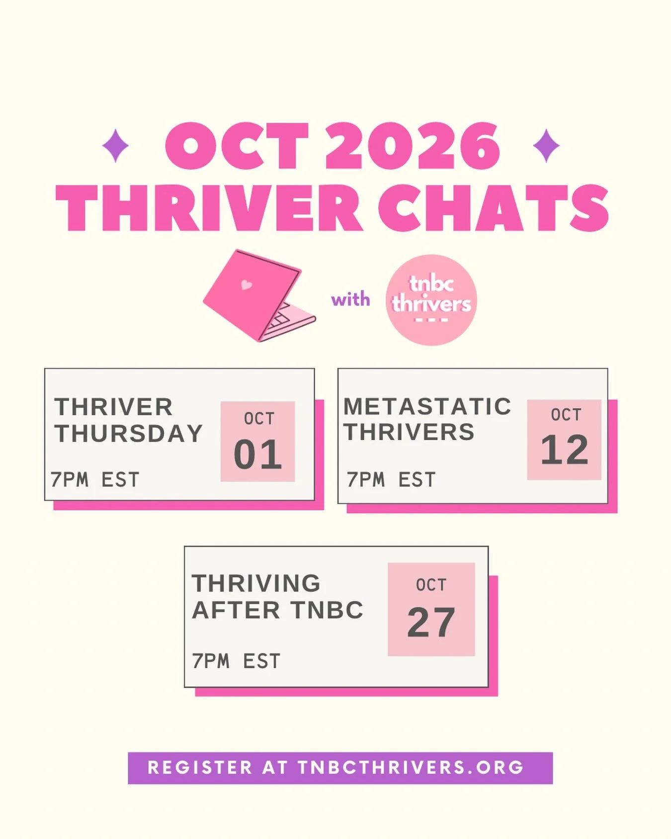 BCAM Thriver Chats are here! 🙌

With something for everyone no matter where you are in your TNBC thrivership!

Register to join us at tnbcthrivers.org! And we can&rsquo;t wait to chat with you all BCAM long! 👩&zwj;💻✨
_______
#tnbcthrivers #cancers