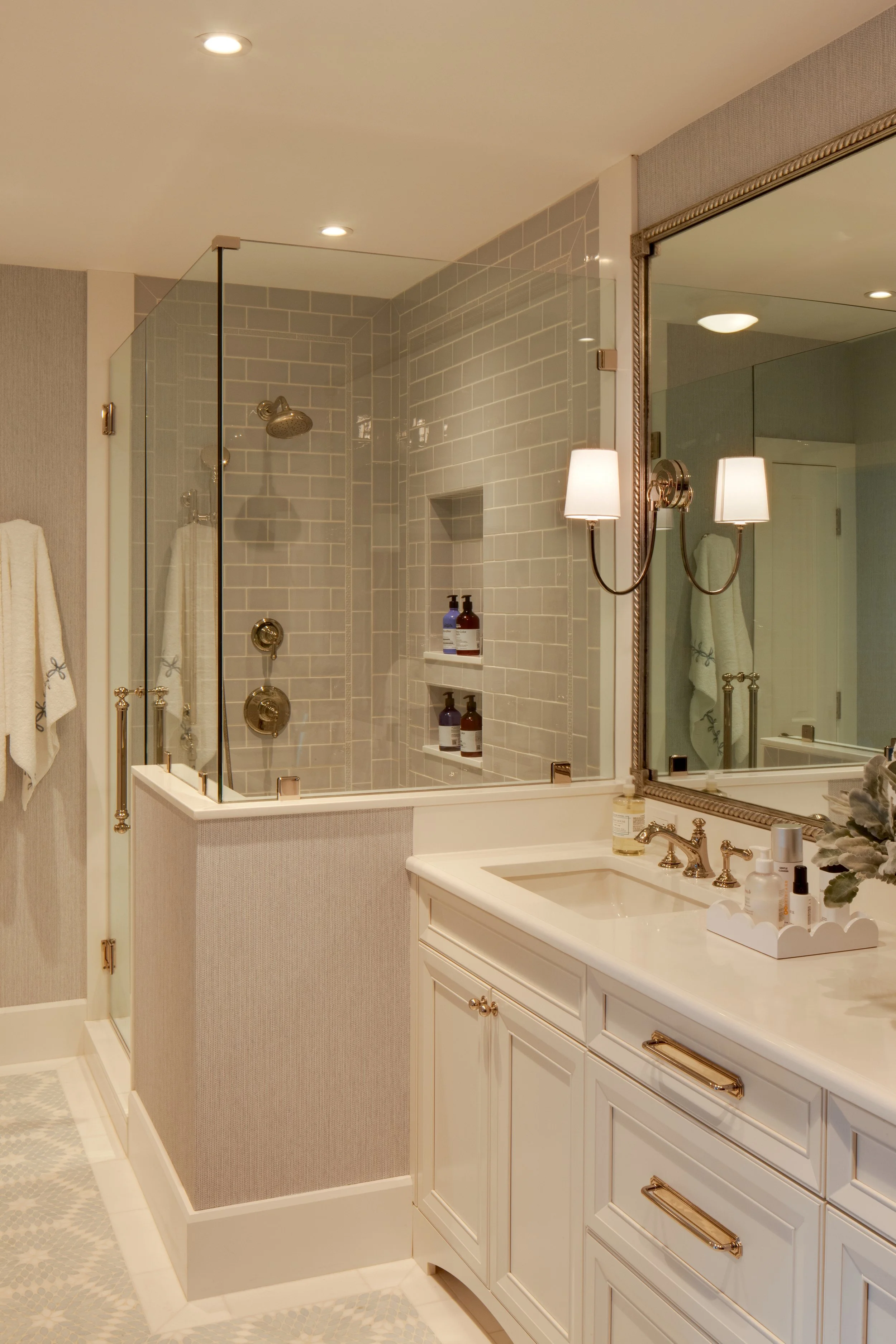 custom white cabinets with brass hardware, coastal style
