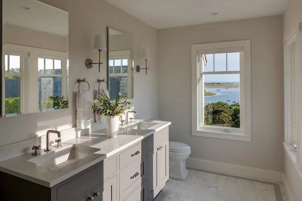 custom double vanity, soft gray finish, bathroom cabinetry