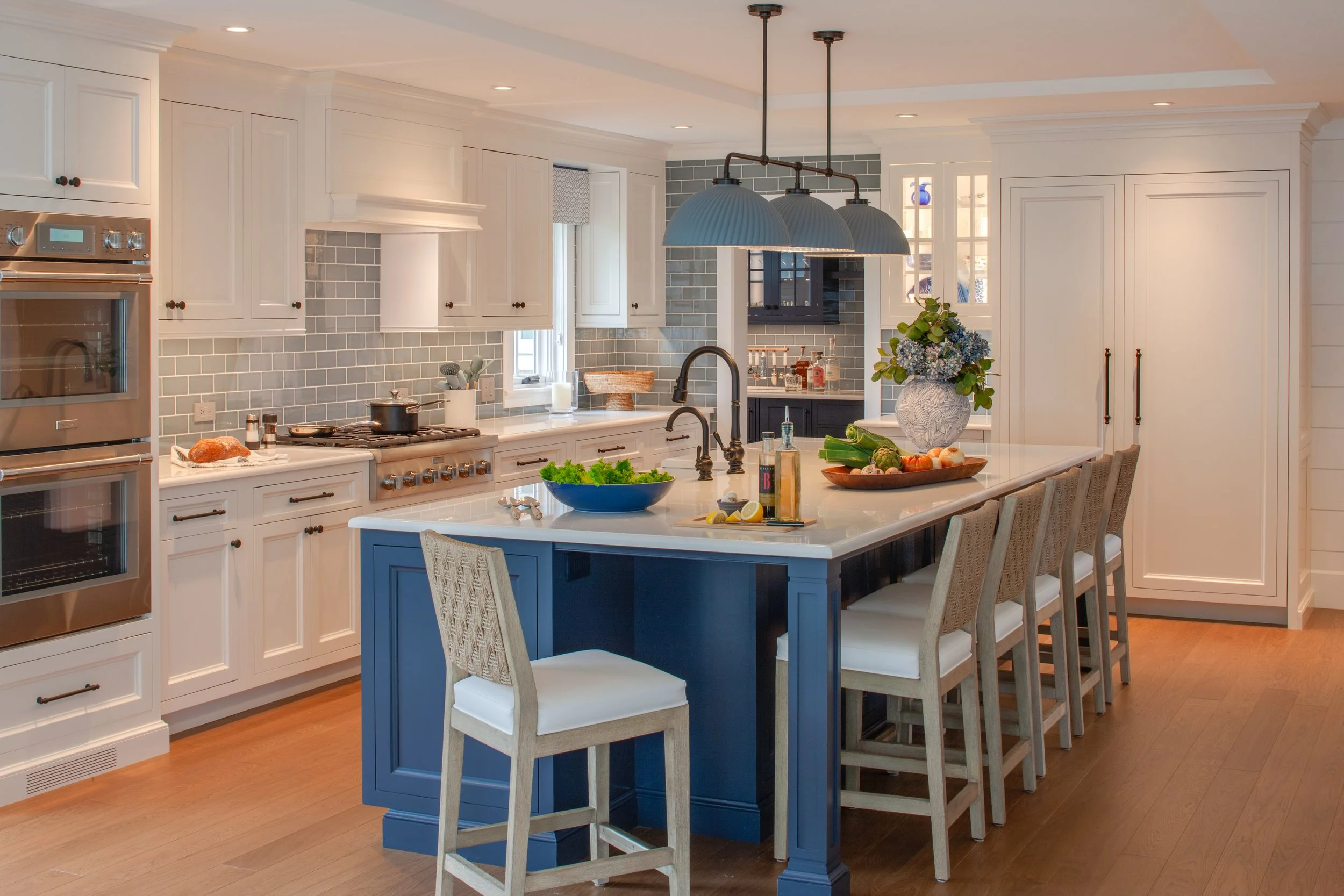 traditional style white and blue custom cabinetry, coastal style, Cape Cod kitchen