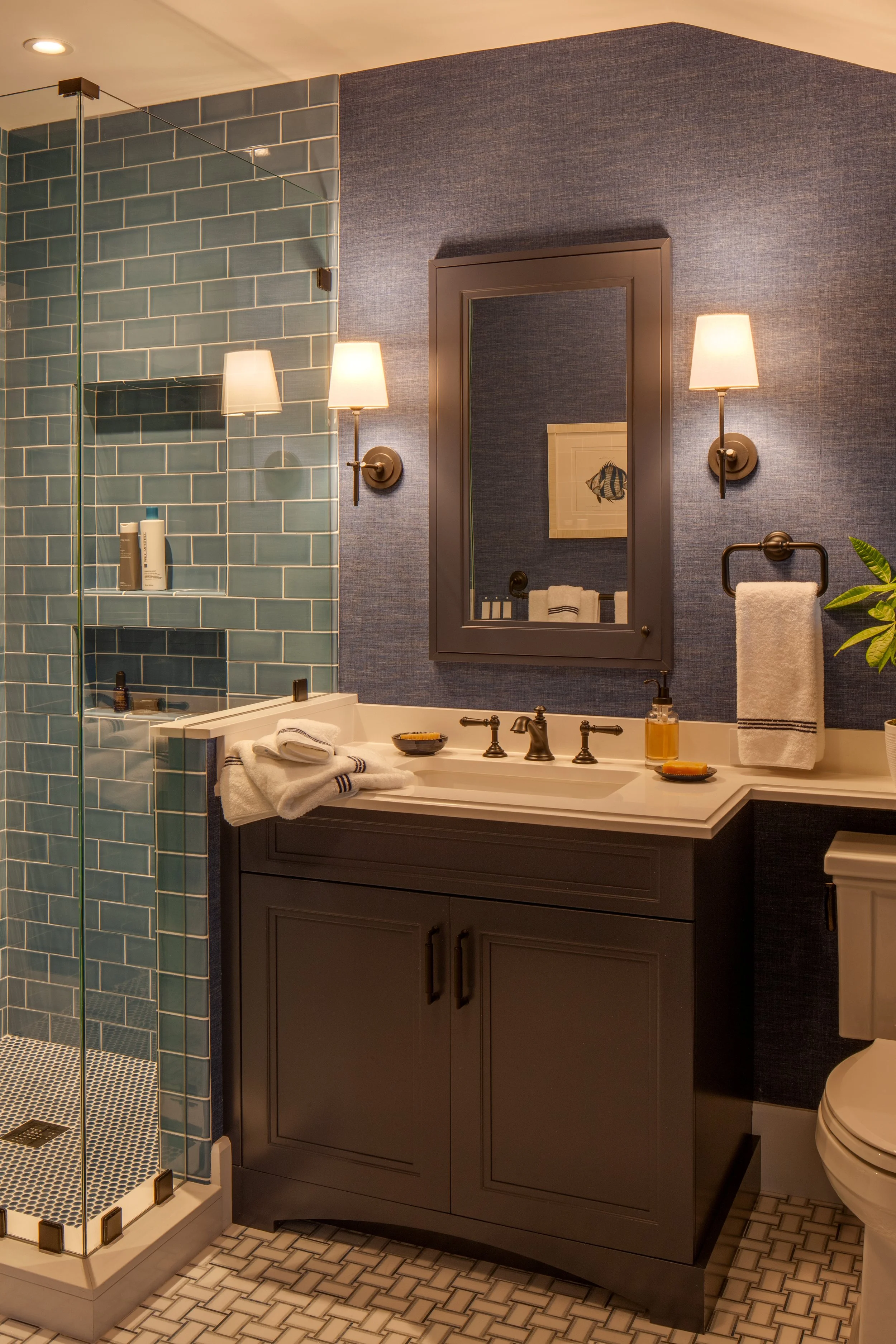 custom vanity with dark stain finish with matching medicine cabinet