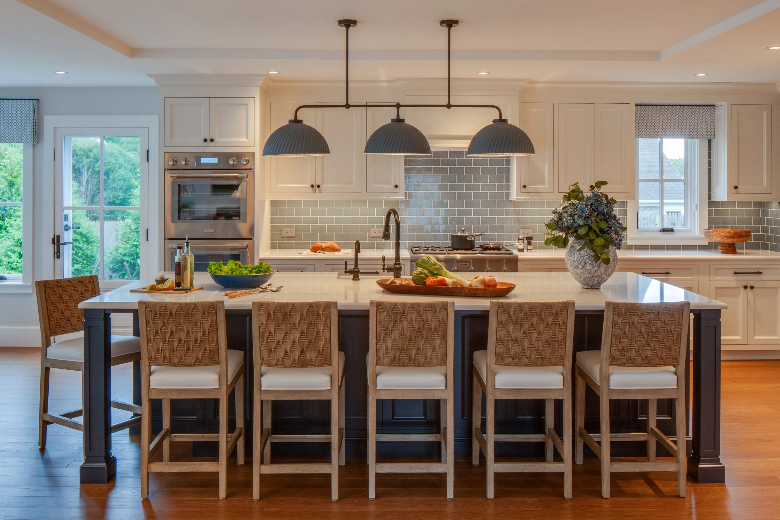 traditional style white and blue custom cabinetry, coastal style, Cape Cod kitchen