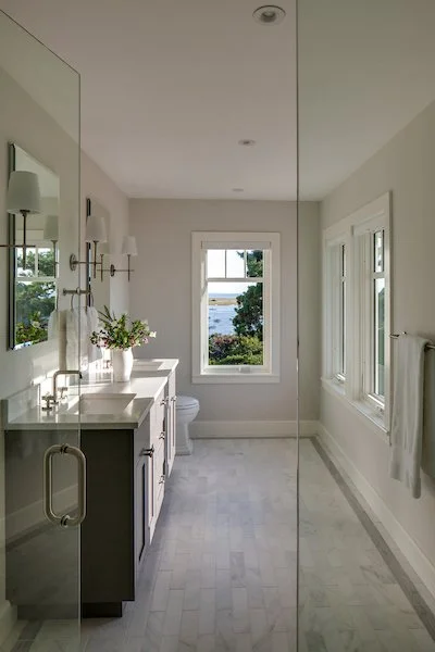 custom double vanity, soft gray finish, bathroom cabinetry