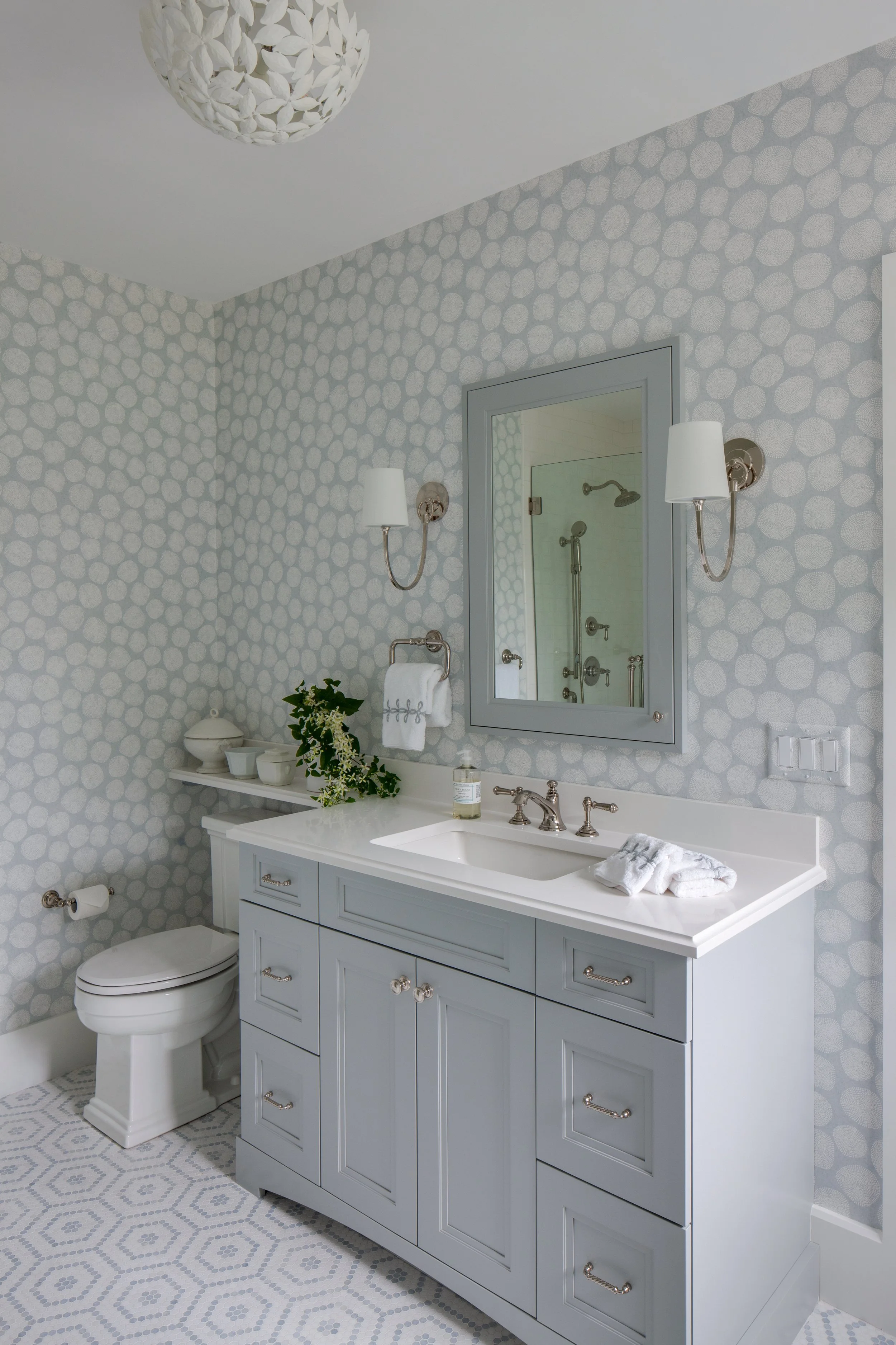 soft gray bathroom vanity, custom cabinetry