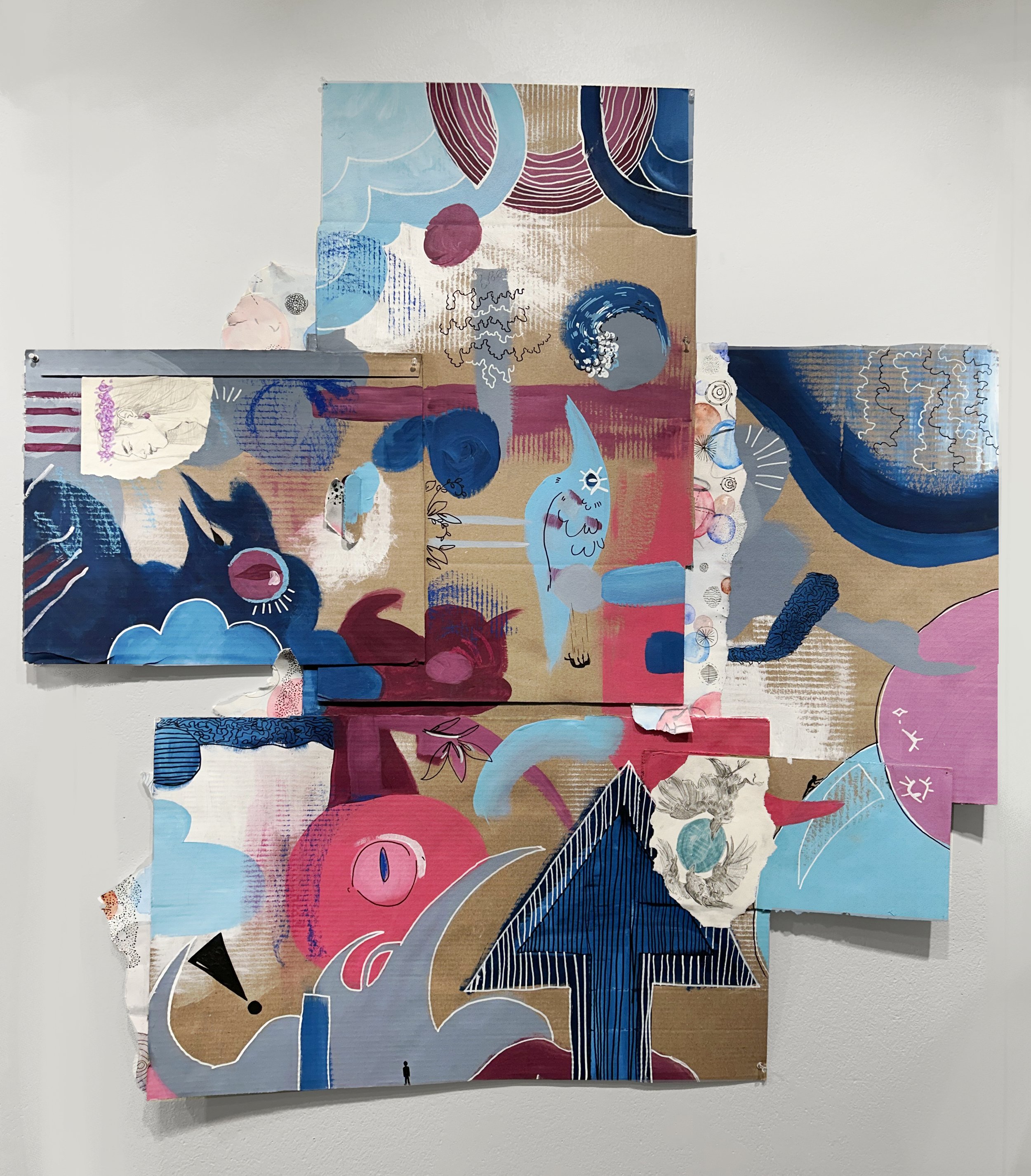 "Dreamscape" collaborative work with Judith Lujan, acrylic on cardboard, ink on paper, watercolor on paper, 49x51, 2024