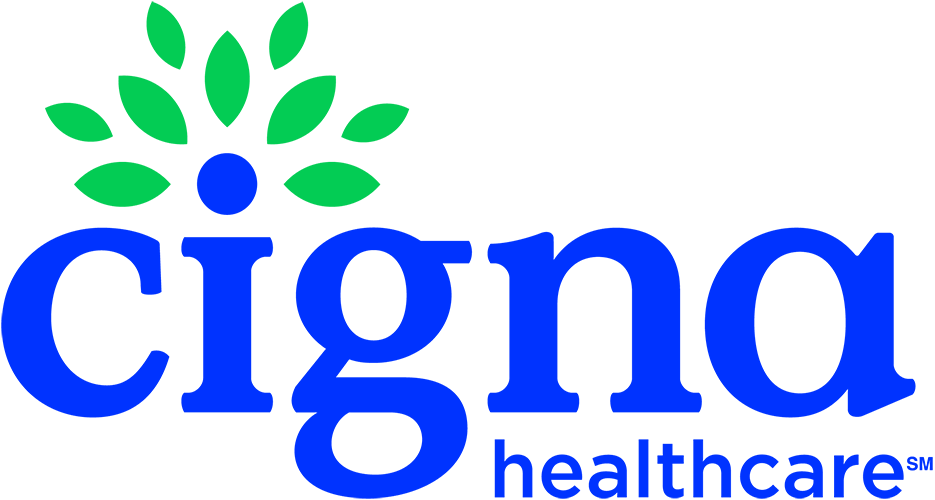A colorful abstract logo for cigna healthcare with blue, green, and black shapes.