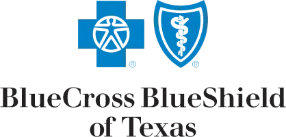 A logo for BlueCross BlueShied of Texas featuring a blue medical cross and a shield with a caduceus symbol, representing healthcare or medical services.