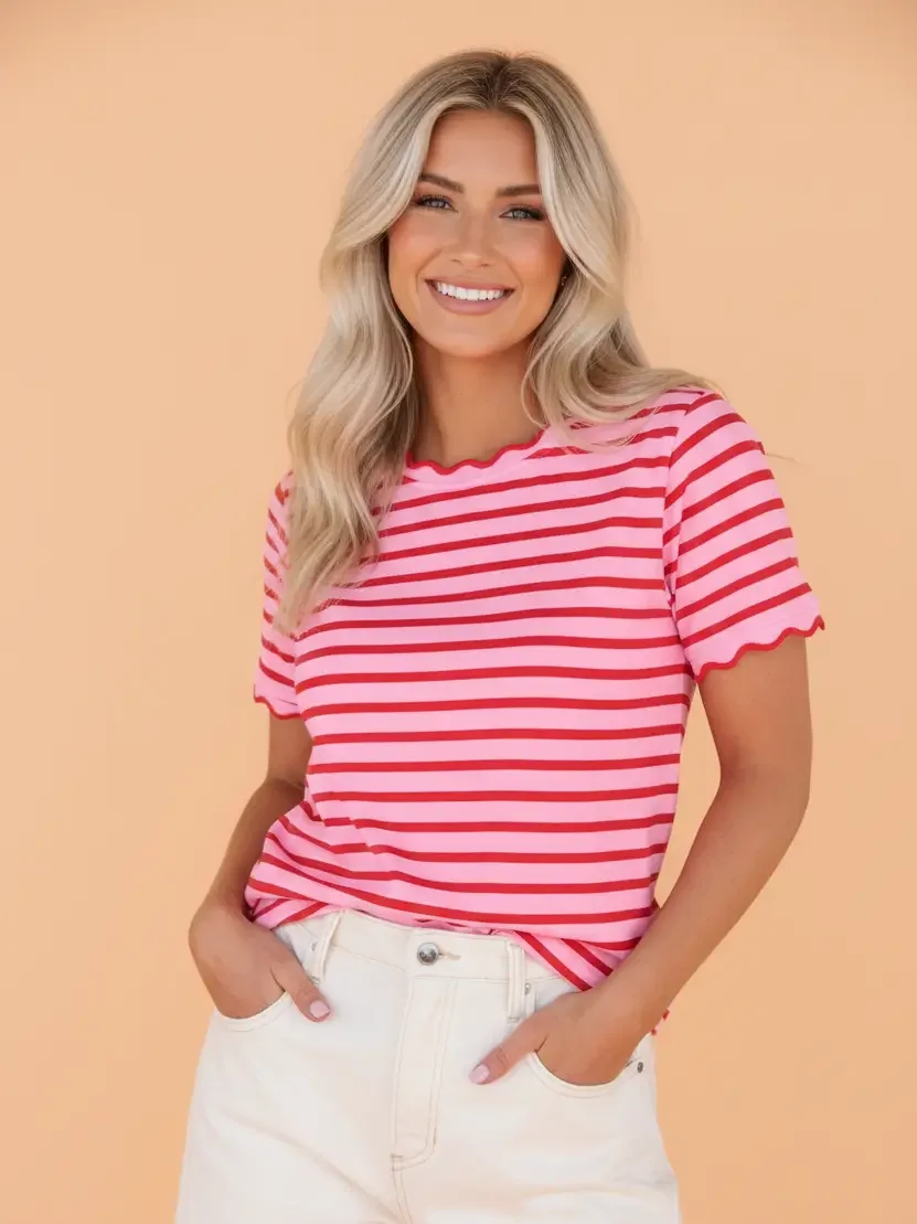 Pink Stripe Scallop Tee