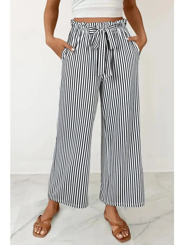 Stripe Drawstring Knot Wide Leg Pants