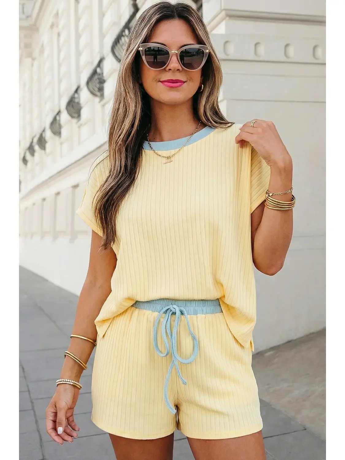 Ribbed Contrast 2 Piece Short Set