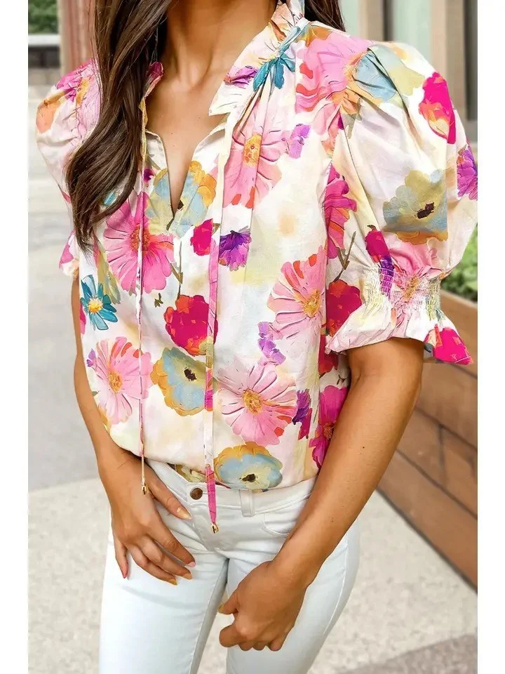 Floral Tie V-Neck Short Puff Sleeve Blouse