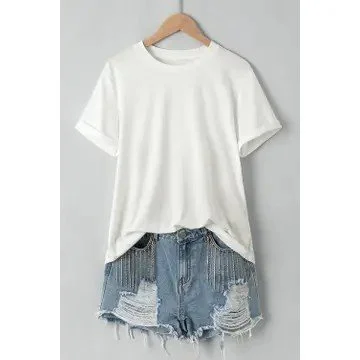 White Casual Crew Neck Short Sleeve