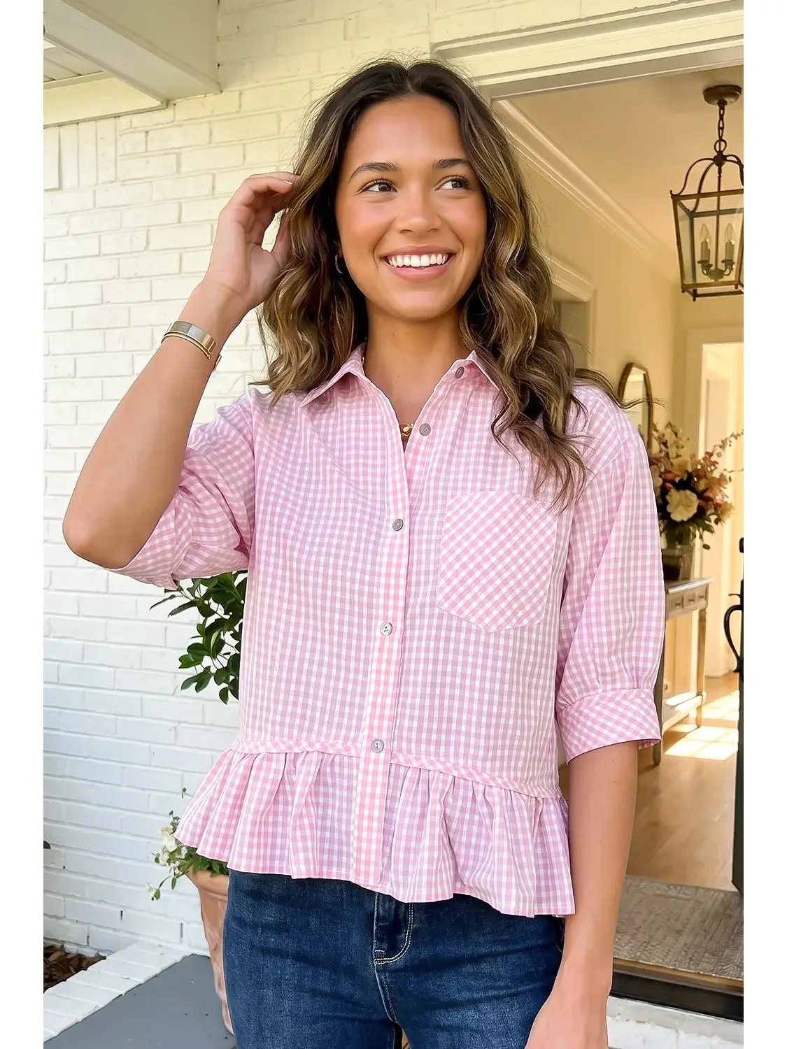 Ruffle Hem Button Down Shirt