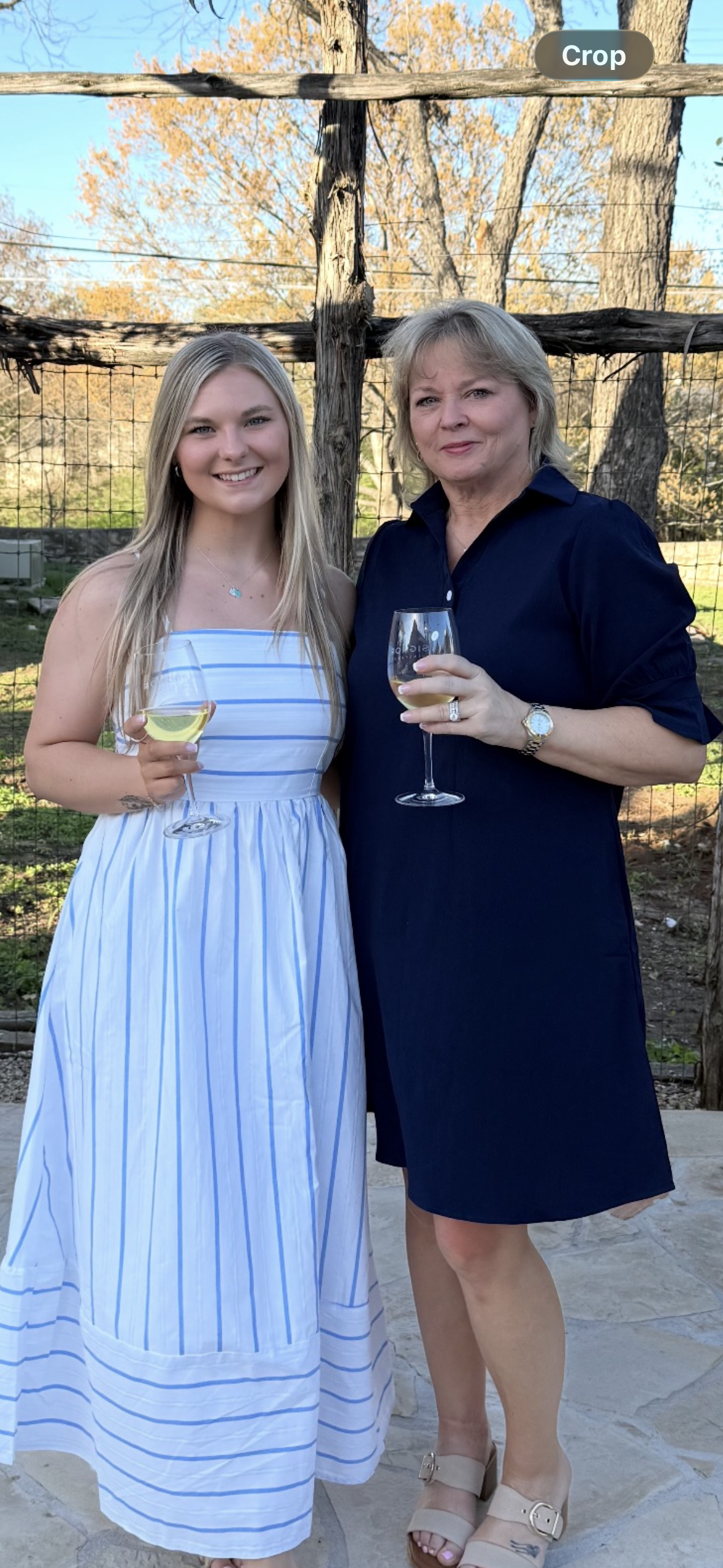 Two women standing outdoors, both holding glasses of white wine, smiling at the camera. The woman on the left is wearing a white and blue striped dress, and the woman on the right is dressed in a navy blue dress with beige sandals. They are standing near a rustic wooden fence with trees and clear sky in the background.