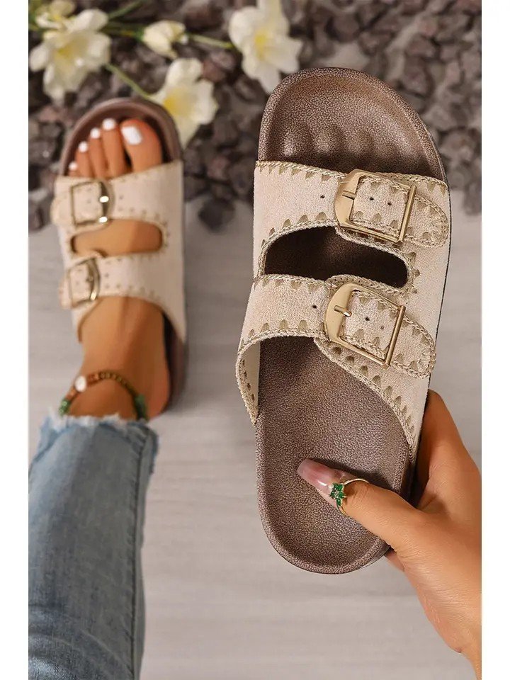 Embroidered Trim Buckle Faux Suede Sandals