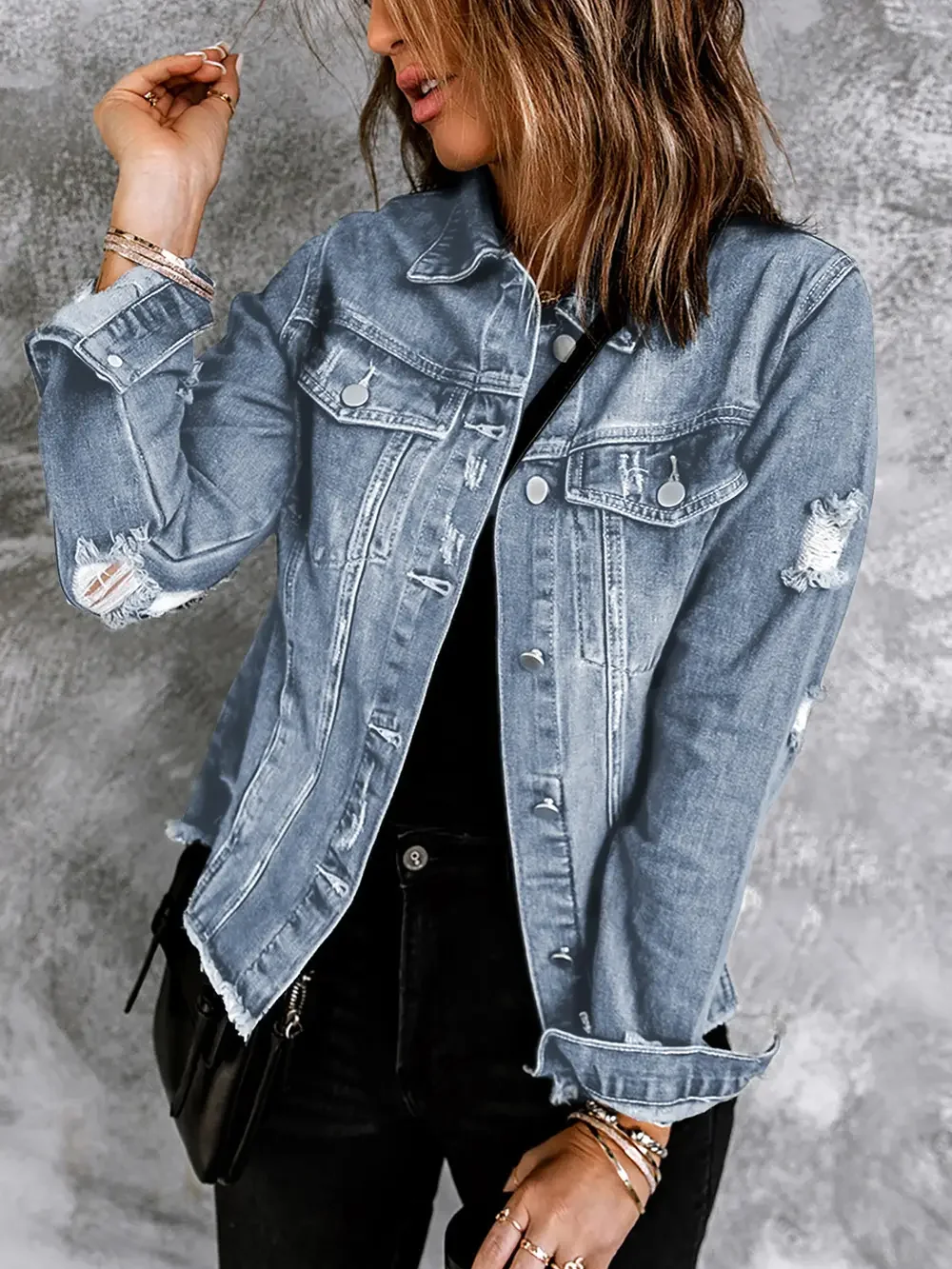 Distressed Raw Hem Denim Jacket