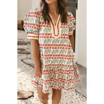 Floral Scallop Trim Split Neck Short Sleeve Dress