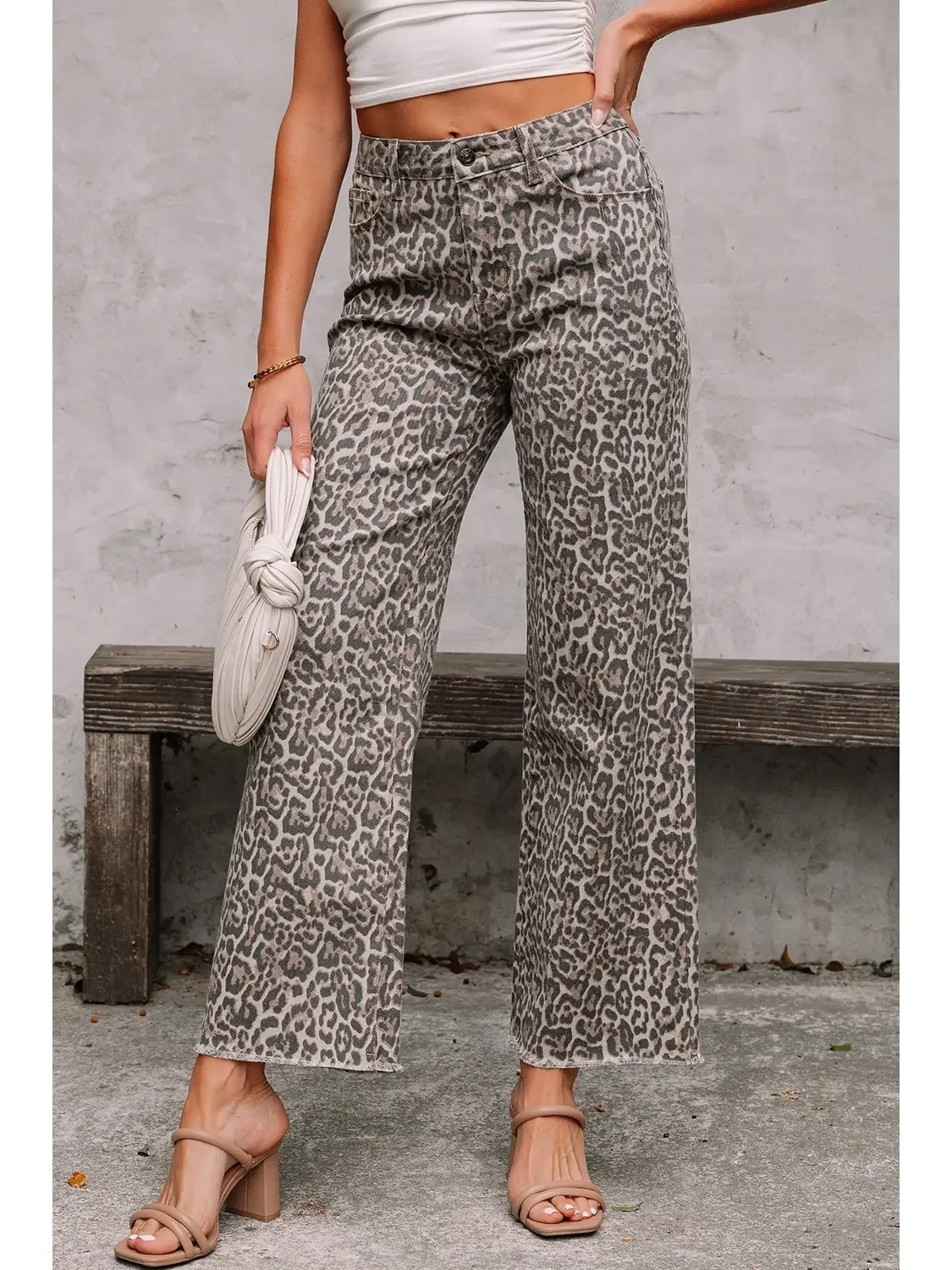 Leopard Frayed Edge Wide Leg Jeans