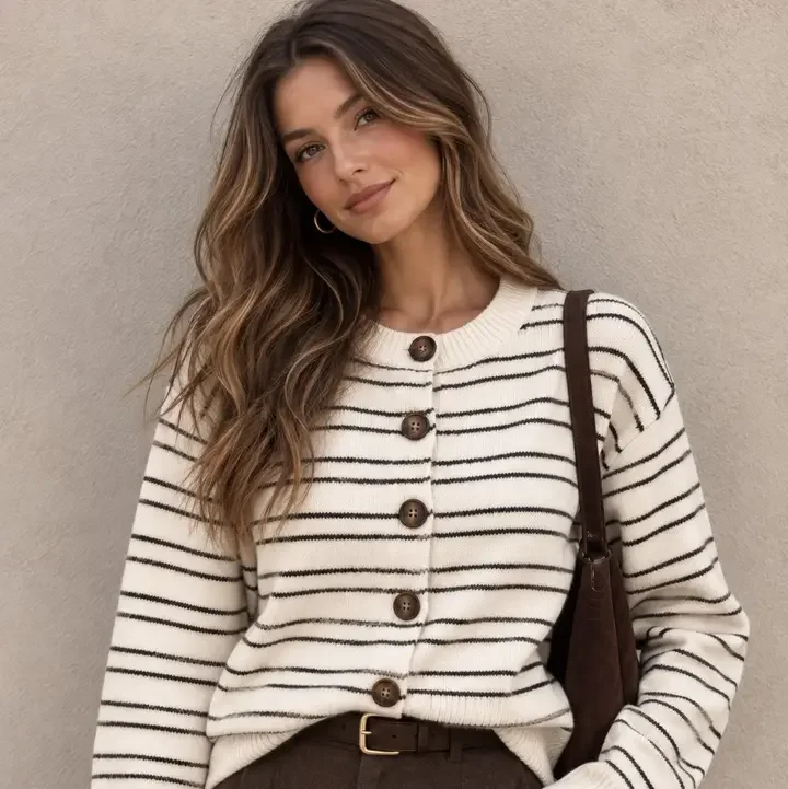 PRE-ORDER FOR LATE OCT DELIVERY - Striped Button-Front Knit Cardigan
