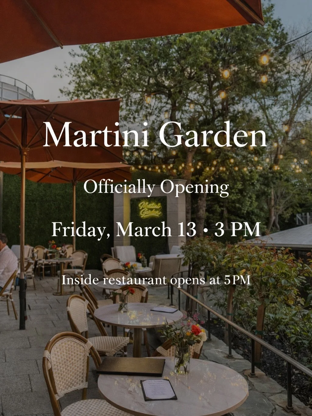 The Martini Garden is finally almost here! 🌸

‼️Please note: 
Our main focus in the martini garden is of course our martinis and cocktails, so this section will only be serving small bites and appetizers. 

If you would like our full service menu, p