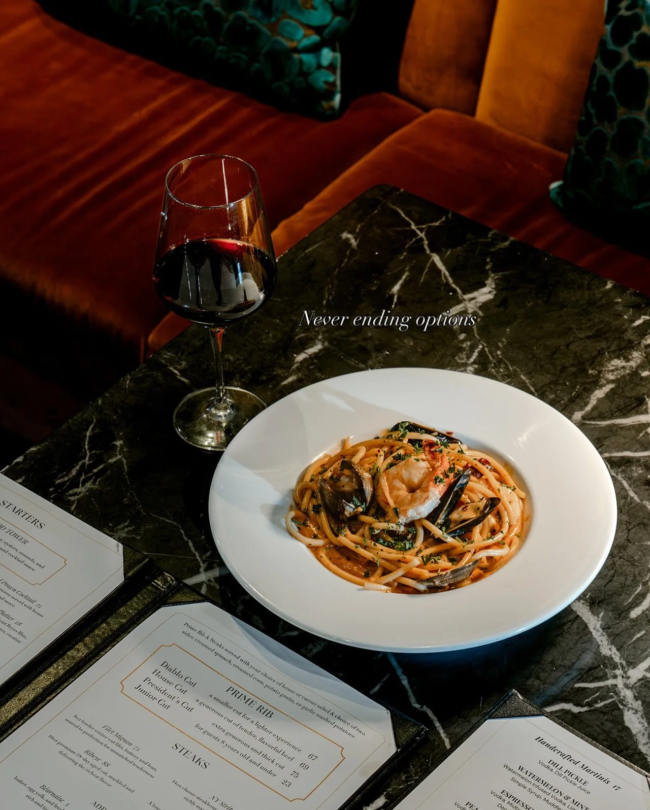 Endless options at Prime Steakhouse. 
Pasta, steak, seafood, martinis &amp; more. 🍸

#martinigarden #trendingrestaurants #steakhouse