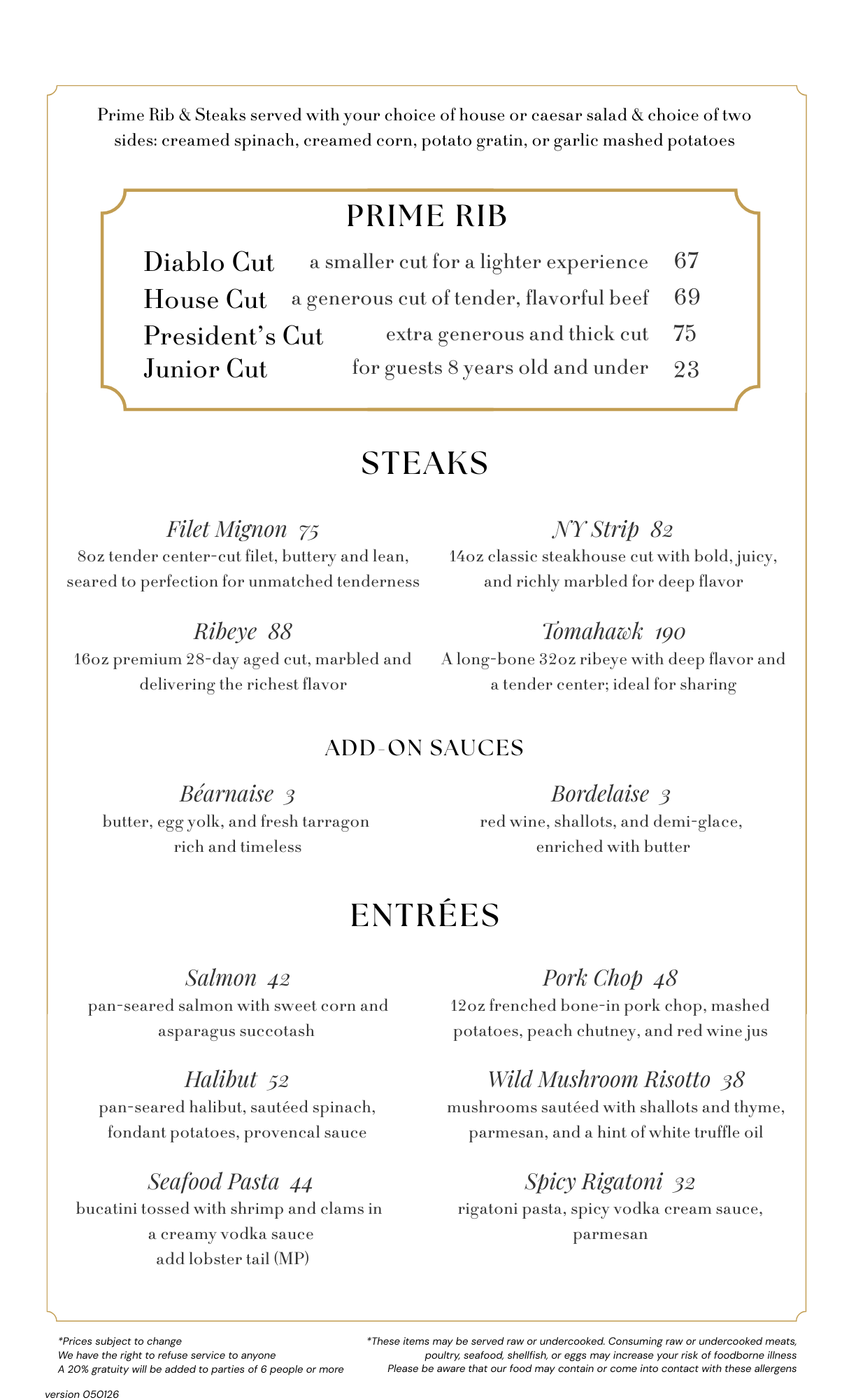 Prime Steakhouse menu featuring prime rib, steaks, and entrees