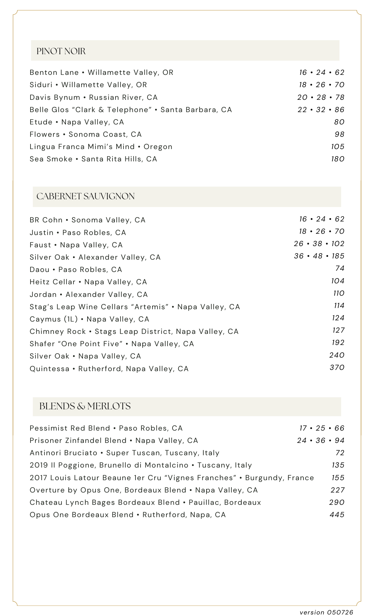 Drink menu of wines
