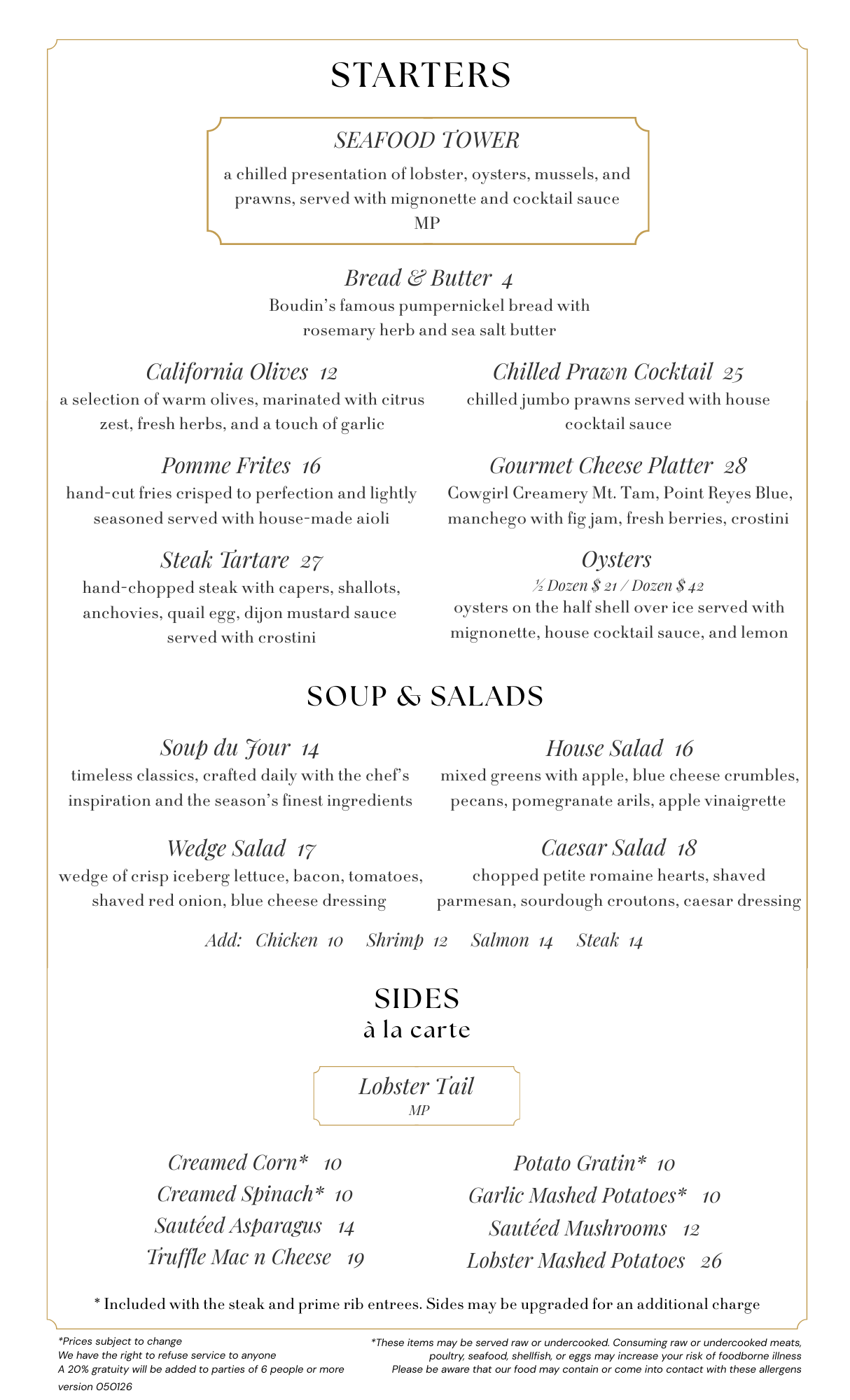 Prime Menu with starters, soup, salads, and sides